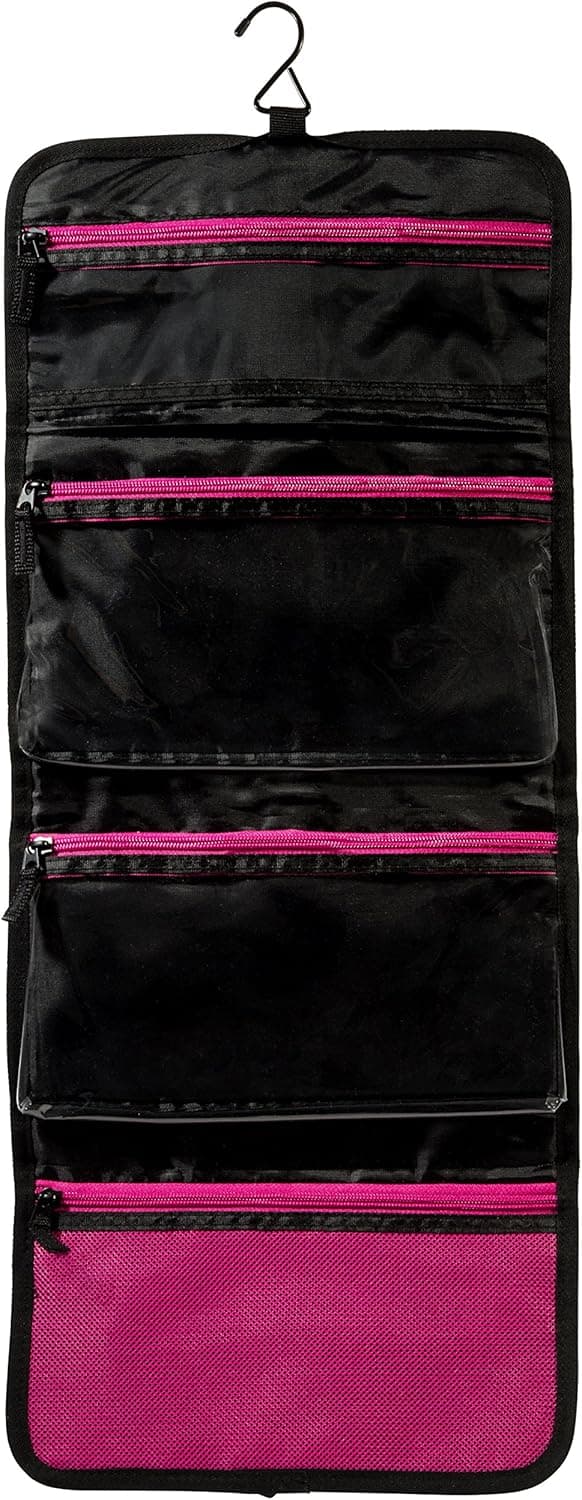 Pink-Flamingo Hanging Toiletry Bag (Black with Pink Zippers and Mesh Pocket)