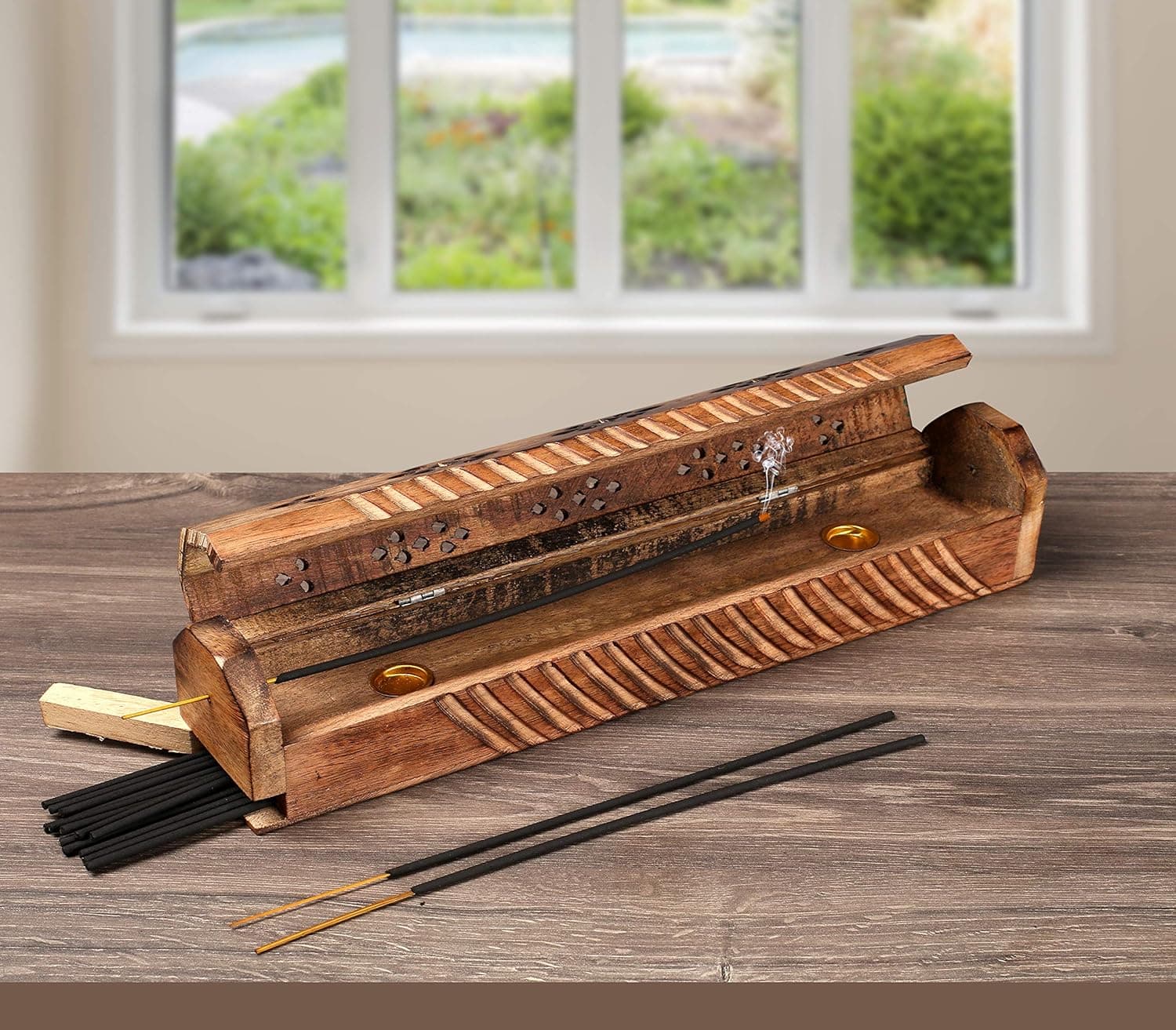 Wooden Coffin Incense Stick Cone Burner Holder Stand with Storage Compartment Ash Catcher Hand Carved, Incense Stick Stand, Stick Holder, Incense Burners - Burnt Color - 12"x2.25"x2.75"