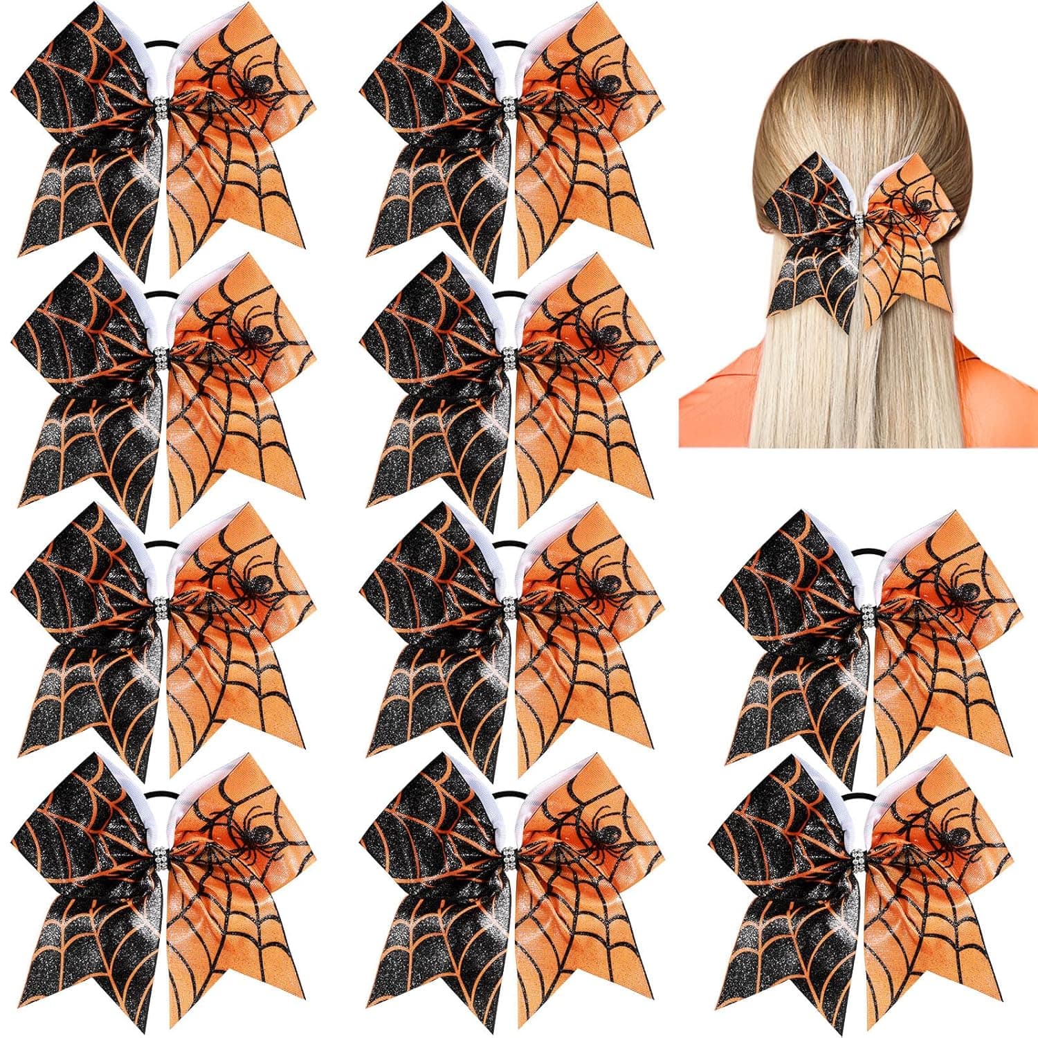 Hotop 10 Pcs Halloween Jumbo Cheerleading Bow 8 Inch Cheer Hair Bows Cheerleader with Ponytail Holder Tie Elastic Band Accessories for Teens Kids Girls(Spider Web), Count (Pack of 1)