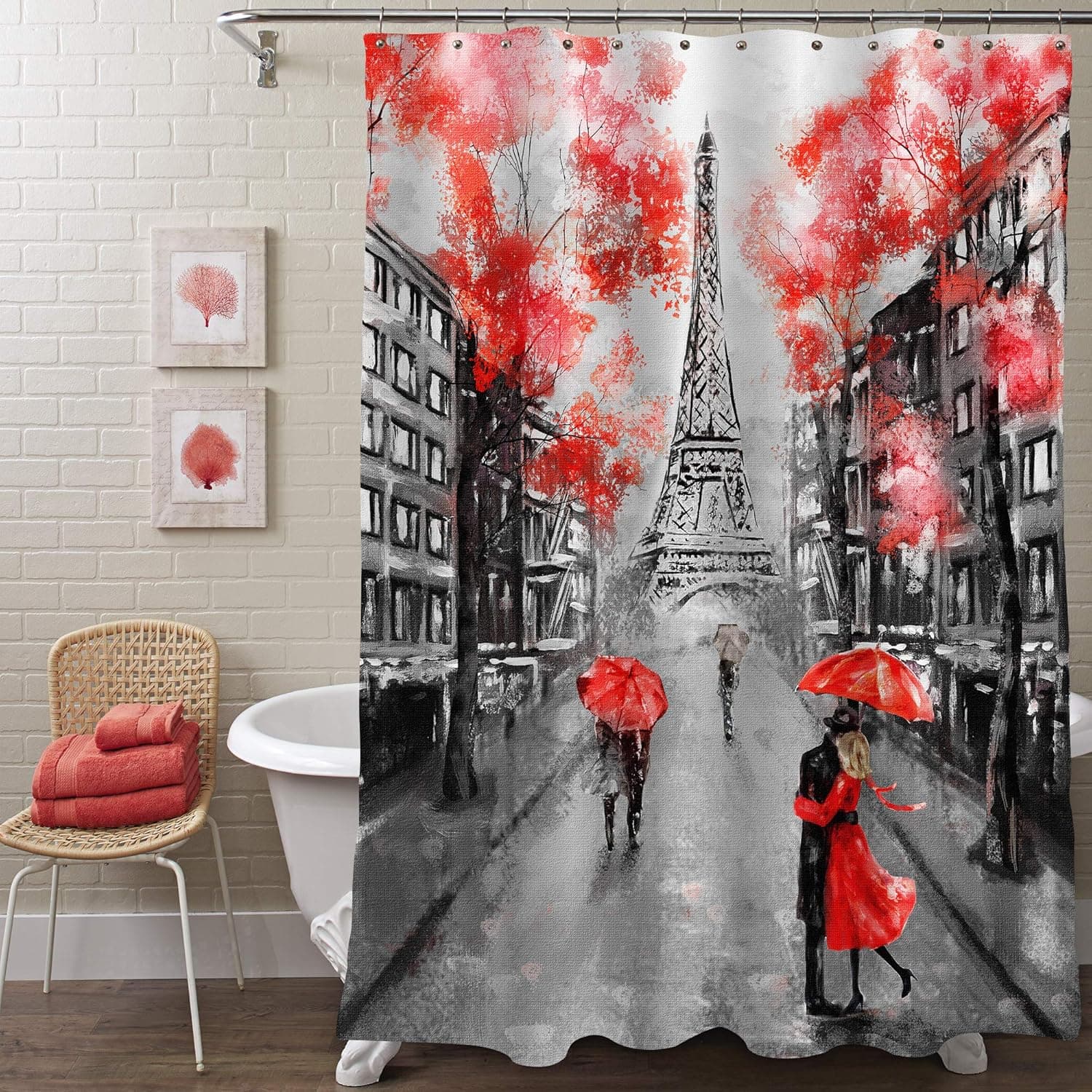 MitoVilla Paris Eiffel Tower Shower Curtain for Paris Bathroom Decor, Vintage French Citysapce Oil Painting Bathroom Accessories, Paris Gifts for Women and Teen Girls, Red, Black, 72" W x 78" L