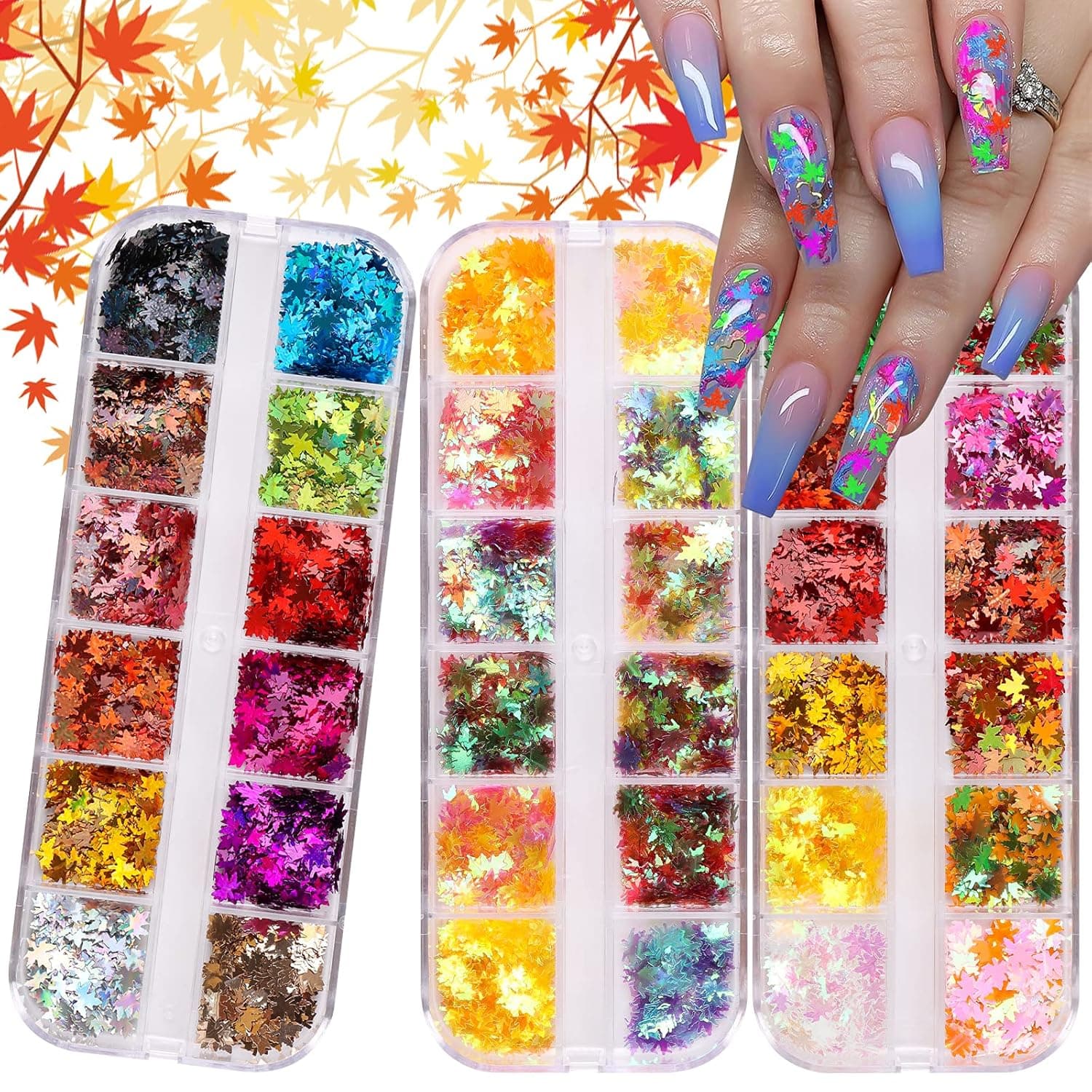 Kalolary 3 Boxes Maple Leaves Nail Art Glitter Sequins, 3D Fall Leaves Iridescent Confetti Flakes, DIY Resin Crafts Design Glitter Decorations
