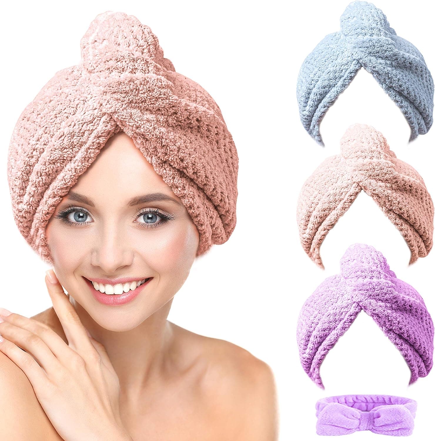 Microfiber Hair Towel Wrap CHOOBY 3+1 Pack Hair Towel, Quick Dry Super Absorbent Hair Towel Wrap for Women Girl Family Curly Long & Thick Wet Hair Anti Frizz Button Choose Design (Pink/Purple/Gray)