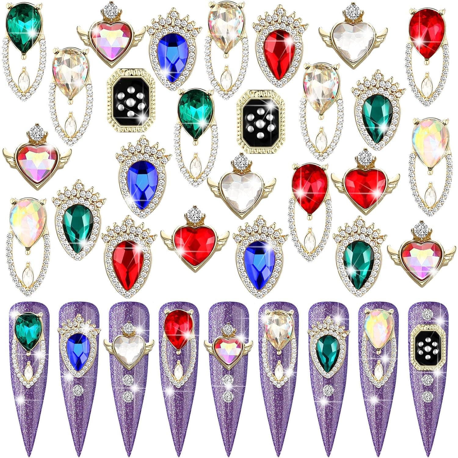 48 Pieces Nail Charms Nail Crystal AB Rhinestones Gems Jewels Different Shape Nail Gems and Rhinestones 3D Nail Charms Colorful Iridescent Nail Gems Silver Metal Charms Gems Stones for 3D Nails Art