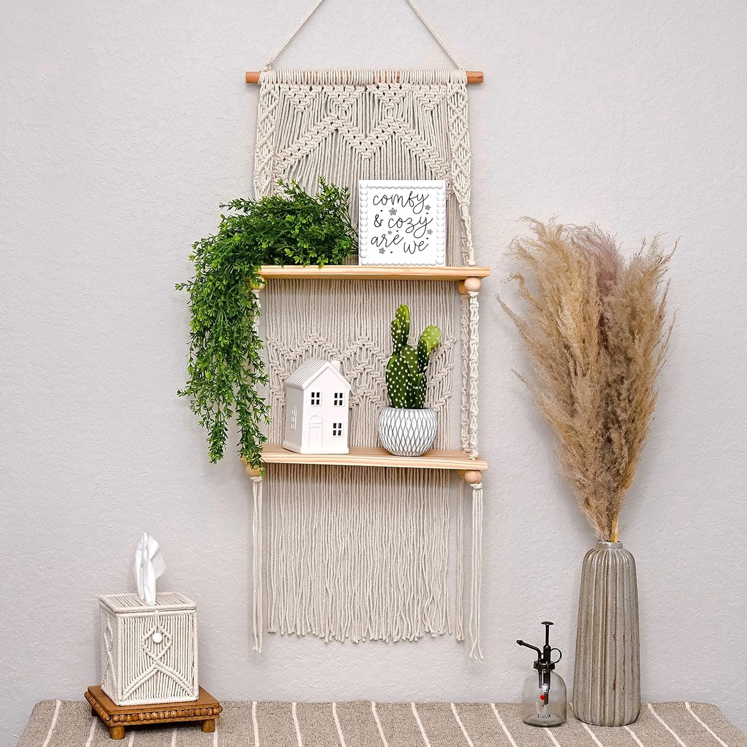 SnugLife Macrame Wall Hanging Shelf - 2 Tier Wall Shelves with Handmade Woven Rope - Boho Shelves Organizer Hanger for Kitchen, Bathroom, Home Storage, Floating Indoor Plant Wall Shelf (Pine Wood)