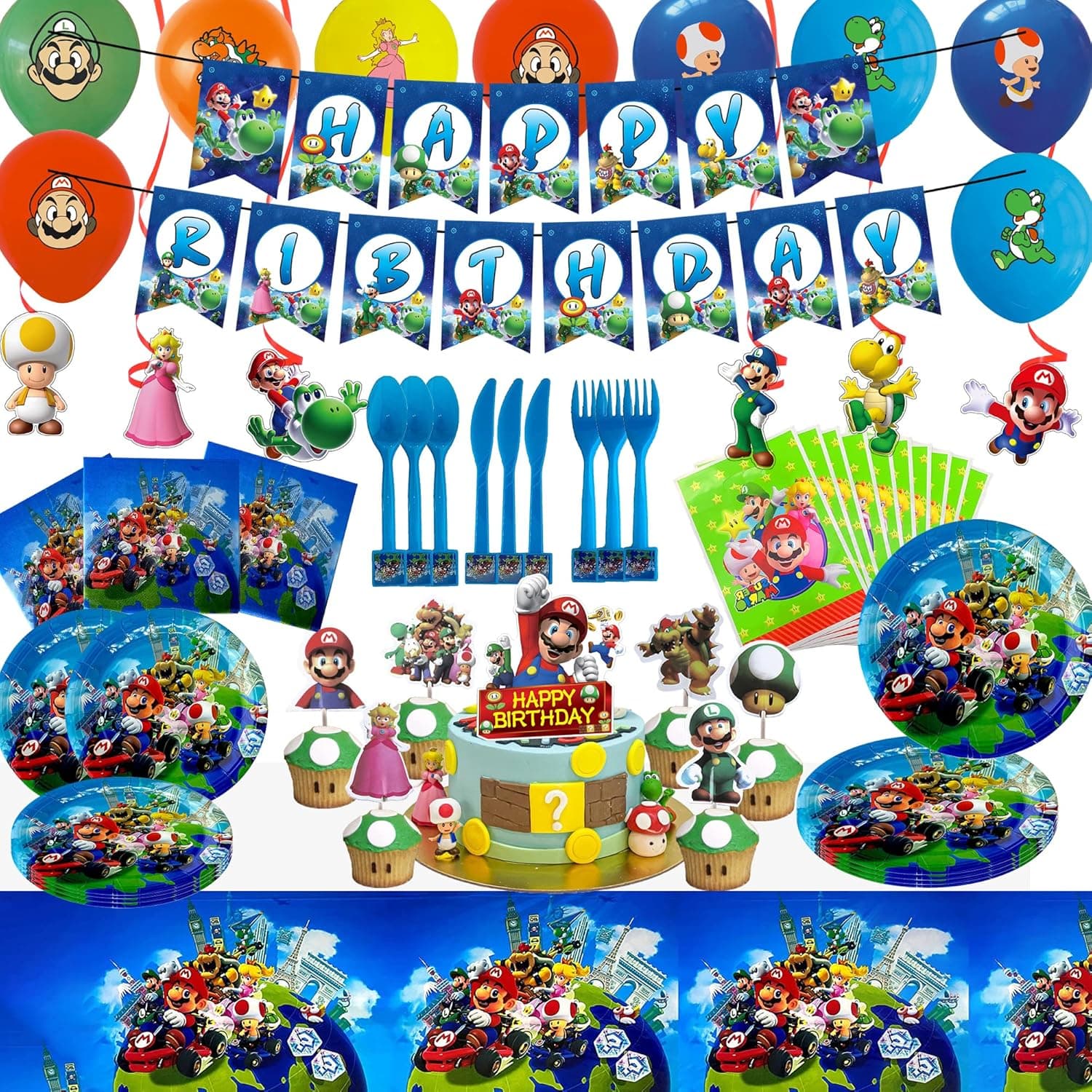 191 Pcs Super Mari Party Supplies Mari Party Decorations for Kids Include Banner, Hanging Swirls, Balloons, Cake & Cupcake Toppers, Tablecloth, Plates, Knifes, Forks, Spoons, Napkins Gift Bags