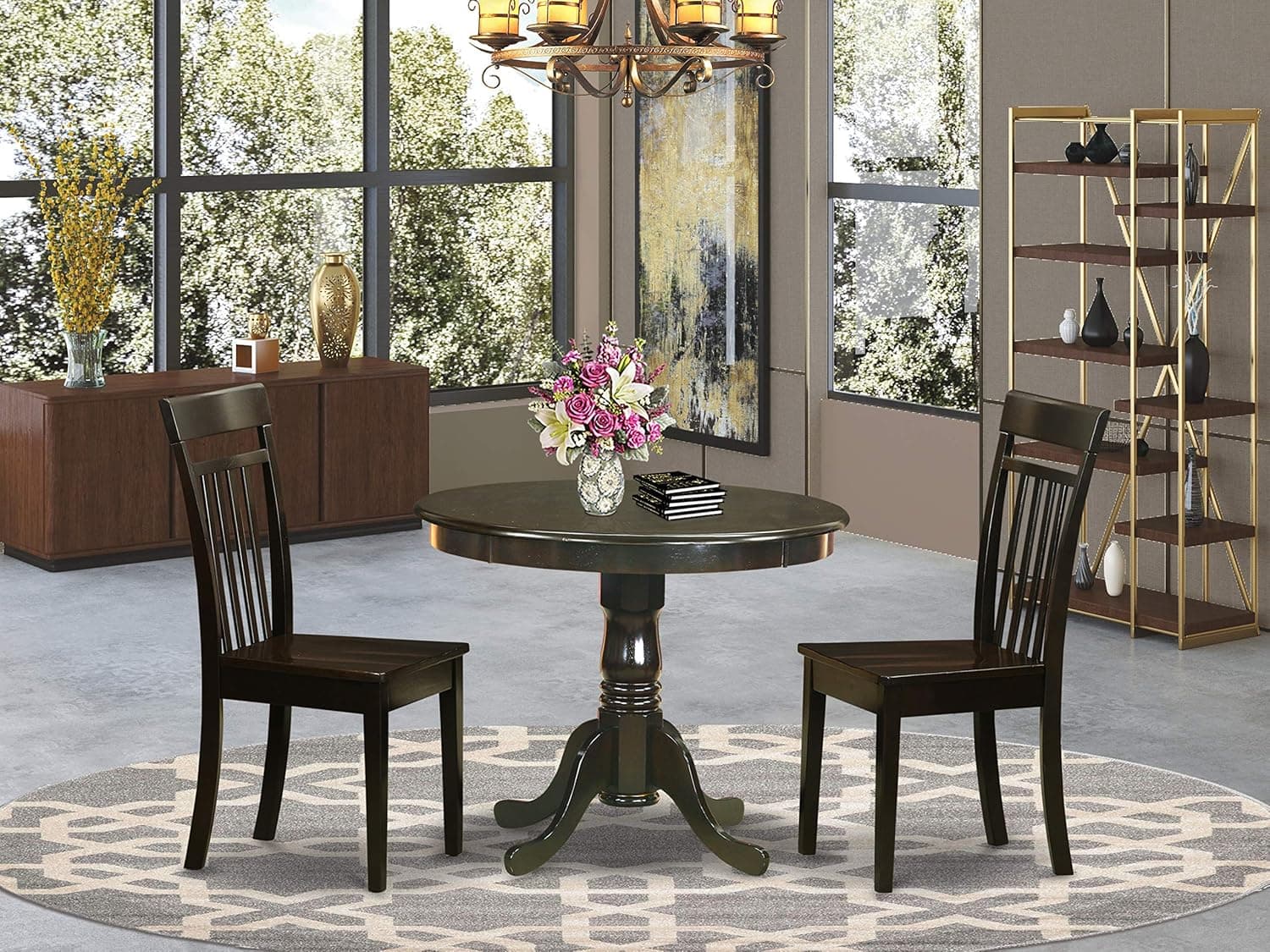 East West Furniture Wooden Dining Table Set- 2 Great Dining Room Chairs - A Stunning Round Kitchen Table- Wooden Seat and Cappuccino Kitchen Table