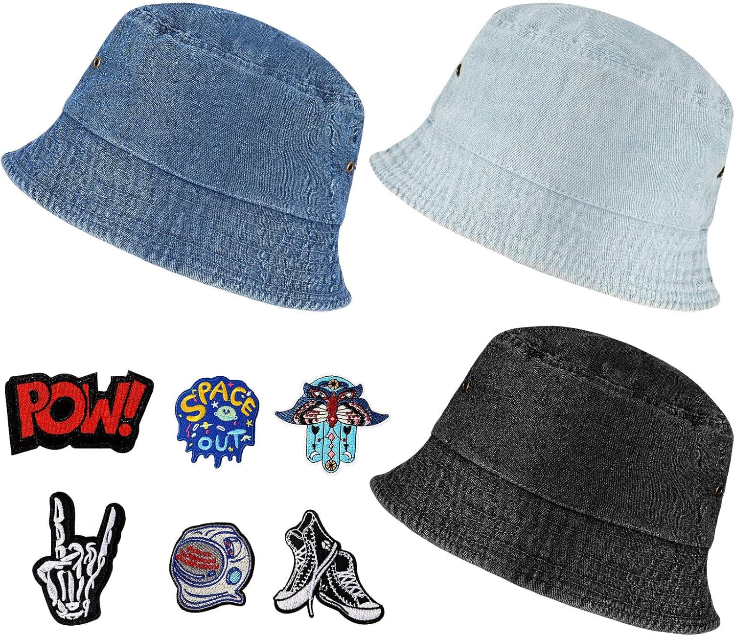 Geyoga 3 Pieces Denim Bucket Hat Denim Fisherman Hats with 6 Pieces Cloth Stickers (Medium)