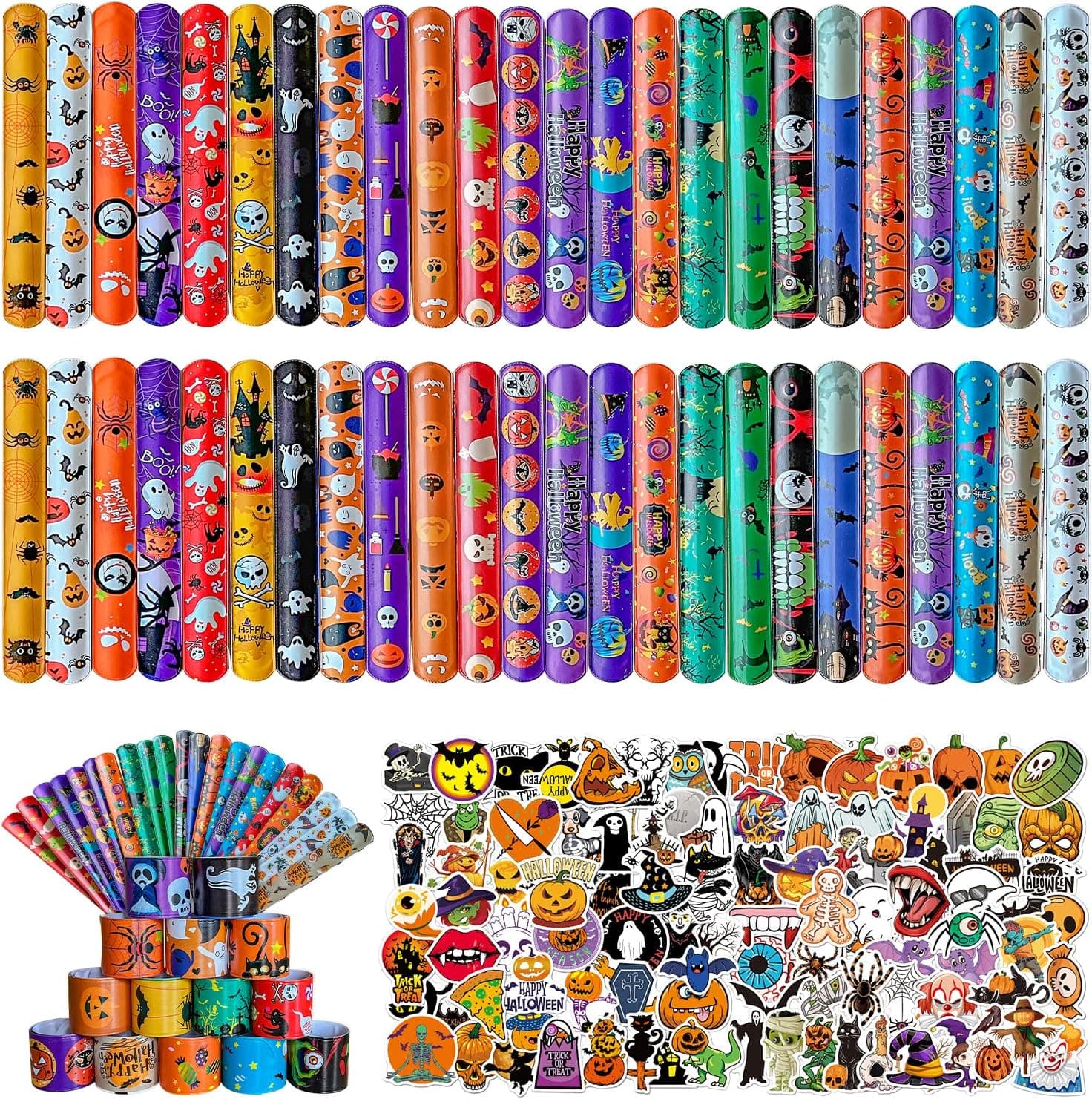 148PCS Halloween Party Supplies, Including 48 Halloween Slap Bracelets Bulk Slap Bands and 100 Halloween Stickers for Halloween Party Favors Supplies for Kids, Halloween Goodie Bags Stuffers for Kids