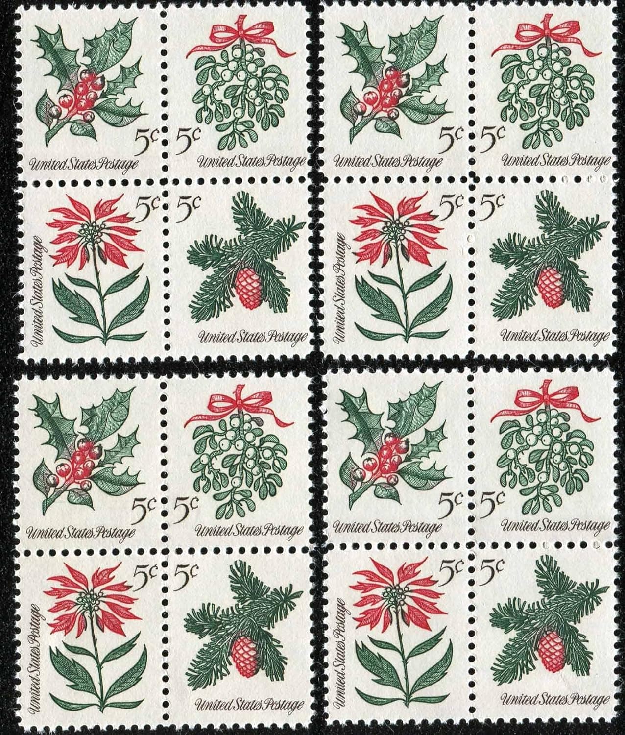 1964 VINTAGE CHRISTMAS HOLIDAY FOLIAGE ~ MISTLETOE ~ EVERGREENS ~ POINSETTIA ~ HOLLY ~ 16 NEW POSTAGE STAMPS (#1257 Lot of Four Blocks of 5¢ Stamps Total 16 Stamps) Ready to use on your Christmas Cards & Letters!