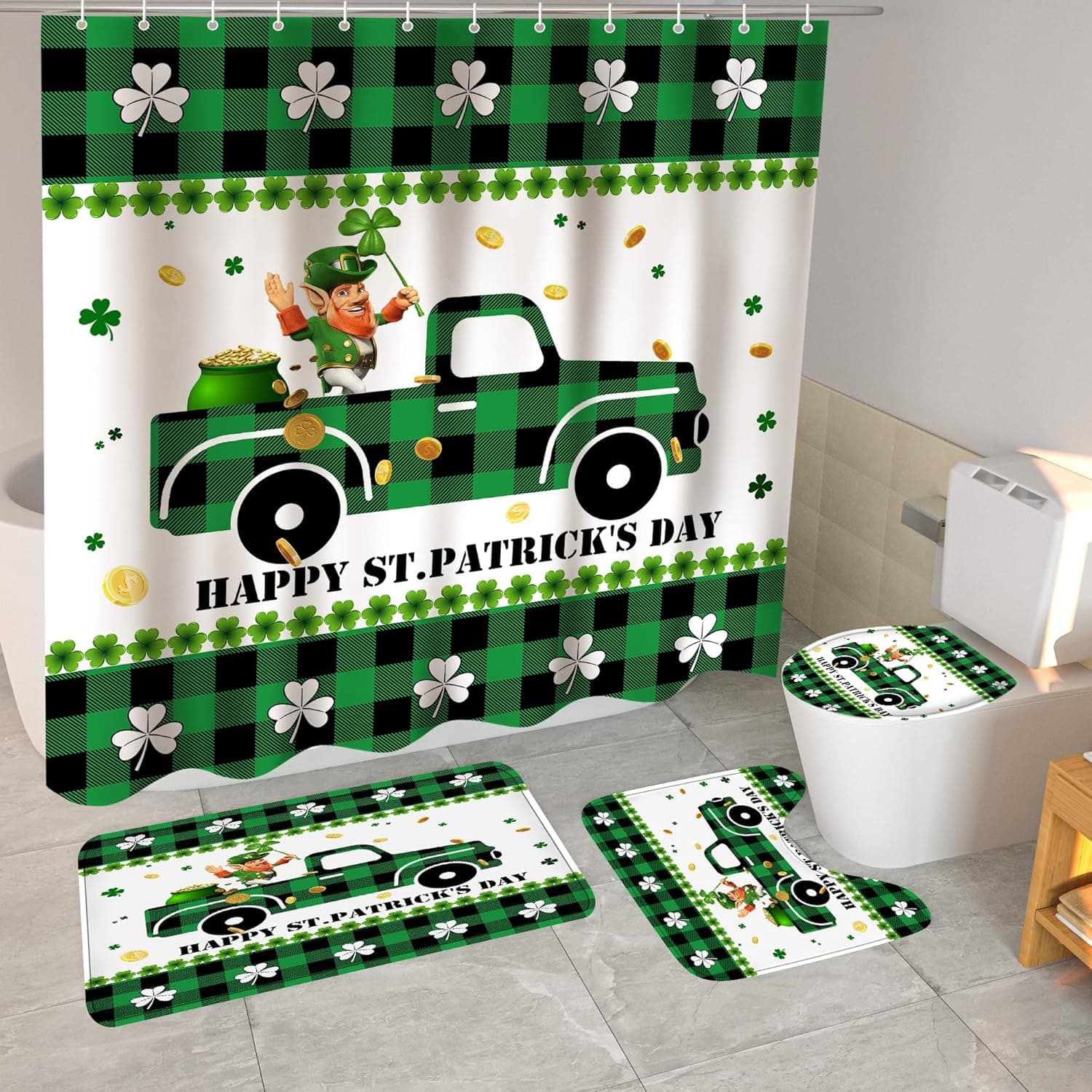 Casdseci 4Pcs Green St. Patrick's Day Shower Curtains Set with Non-Slip Rugs, Toilet Lid Cover and Bath Mat, Cute Gnomes Waterproof Bathroom Curtain with 12 Hooks 72 x 72 Inch