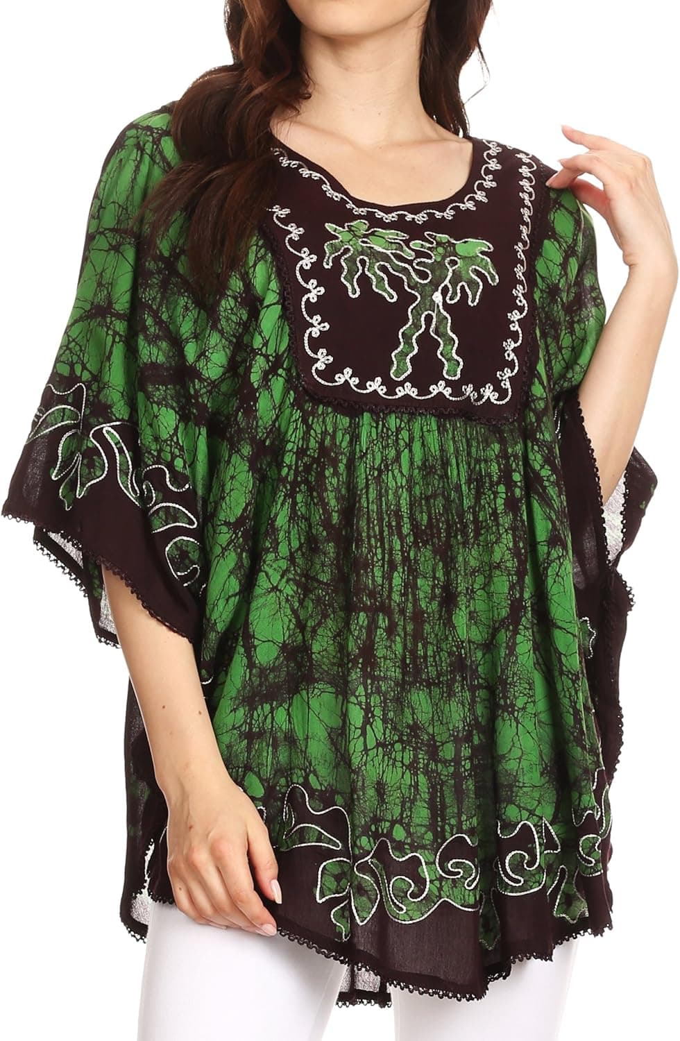 Sakkas Lynda Two Tone Batik Embroidered Palm Tree Peasant Top/Poncho