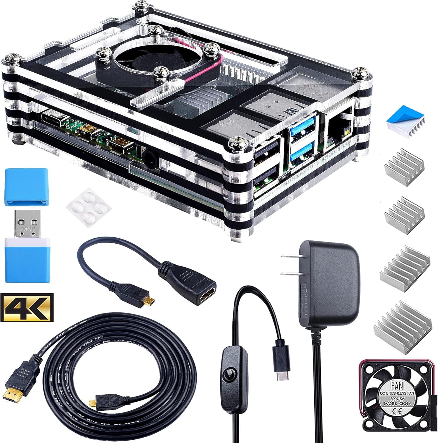 Smraza Case for Raspberry Pi 4 Model B, Pi 4B Case with Fan, 4PCS Heatsinks, 5V 3A USB-C Power Supply, USB Card Reader, 6 Feet Micro HDMI Cable, 7.8 Inch Micro HDMI to HDMI Adapter Cable (4K Ultra HD)