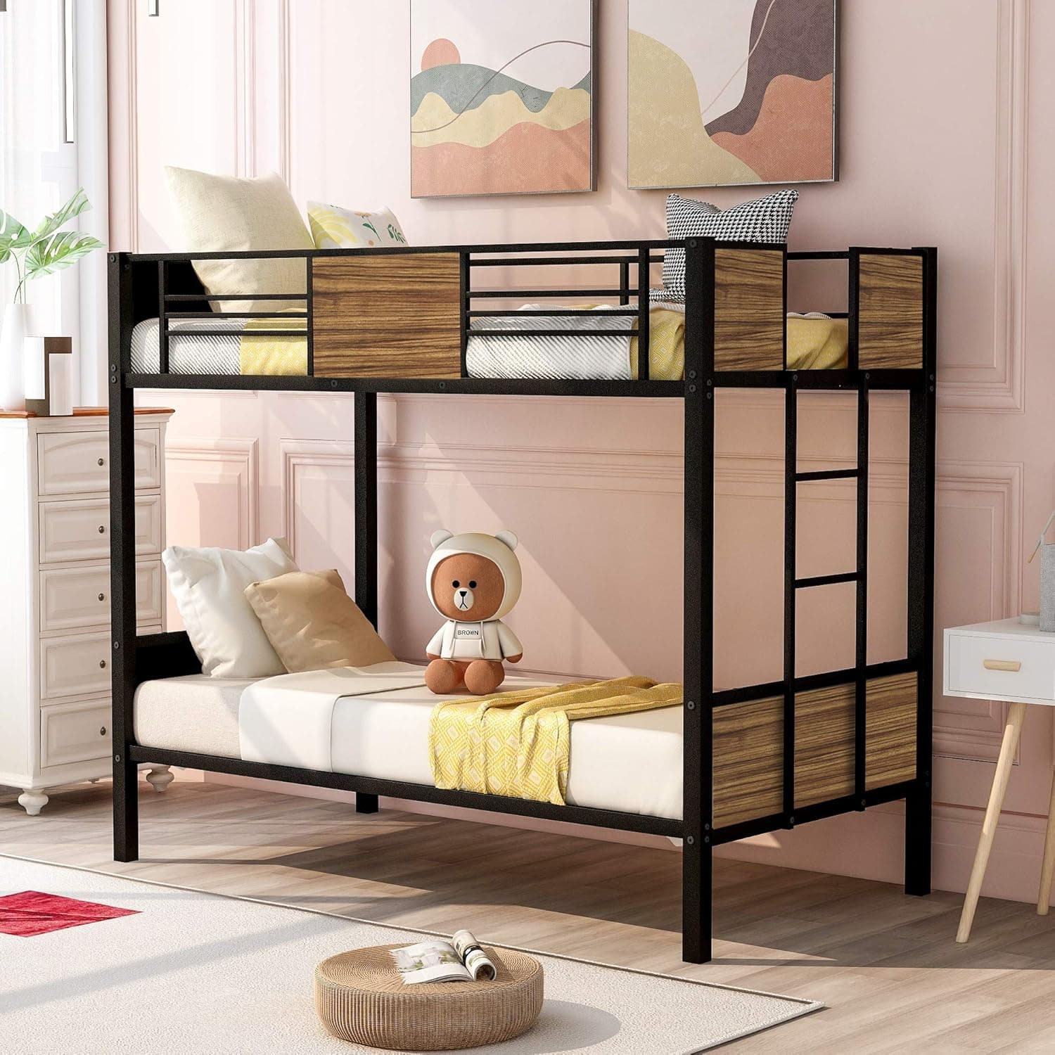 MOEO Twin-Over-Twin Metal Bunk Bed, Modern Style Steel Frame Bunkbed with Safety Rail, Built-in Ladder for Bedroom, Dorm, Kids, Boys, Girls, Adults, Brown