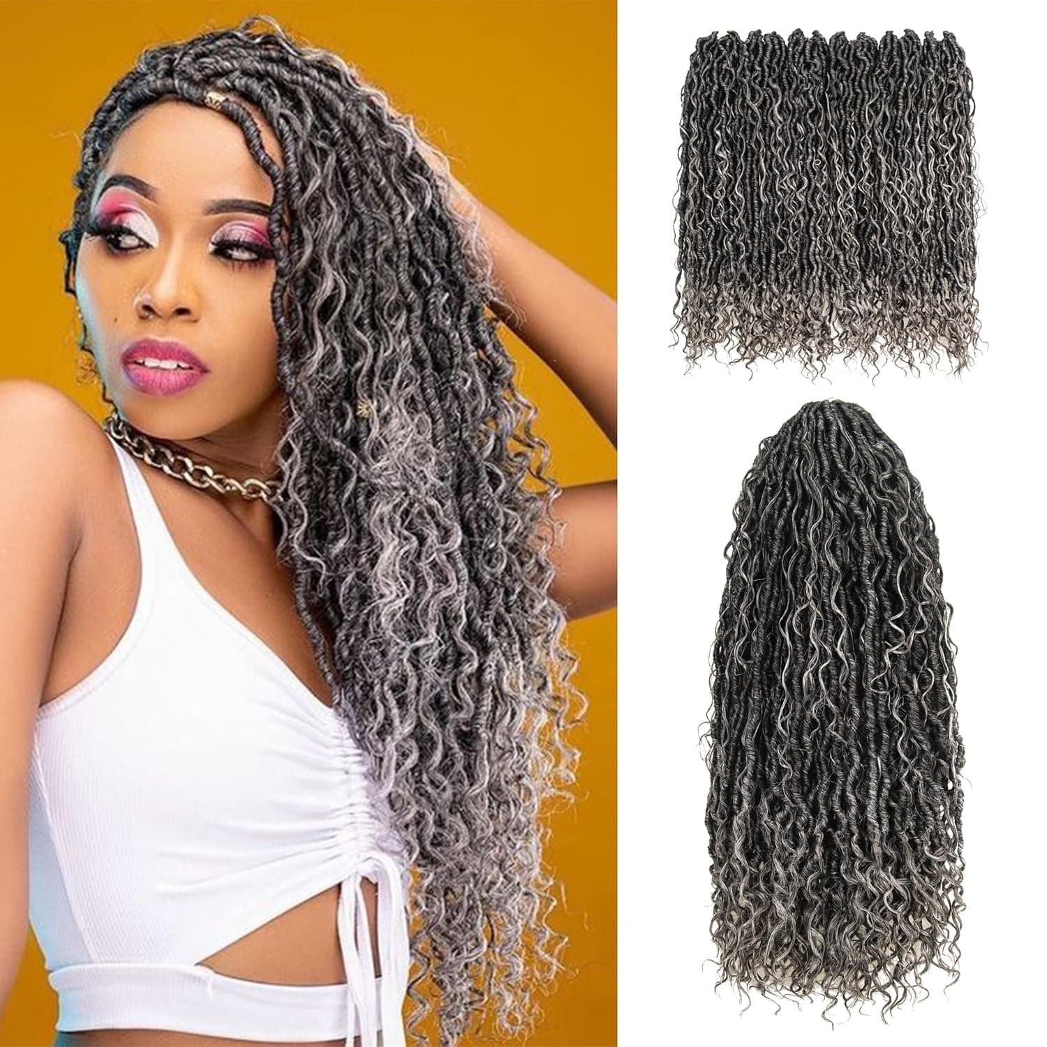 6 Packs 18 Inches 144 Strands New Goddess Locs Crochet Hair-Pre Looped Faux Locs with Bohemian Curly Branch,Ombre Black to Gray and Silver, Soft River Locs Synthetic Hair Extensions for Black Women( (18 Inches,6 Packs,T1B/Gray/Silver)