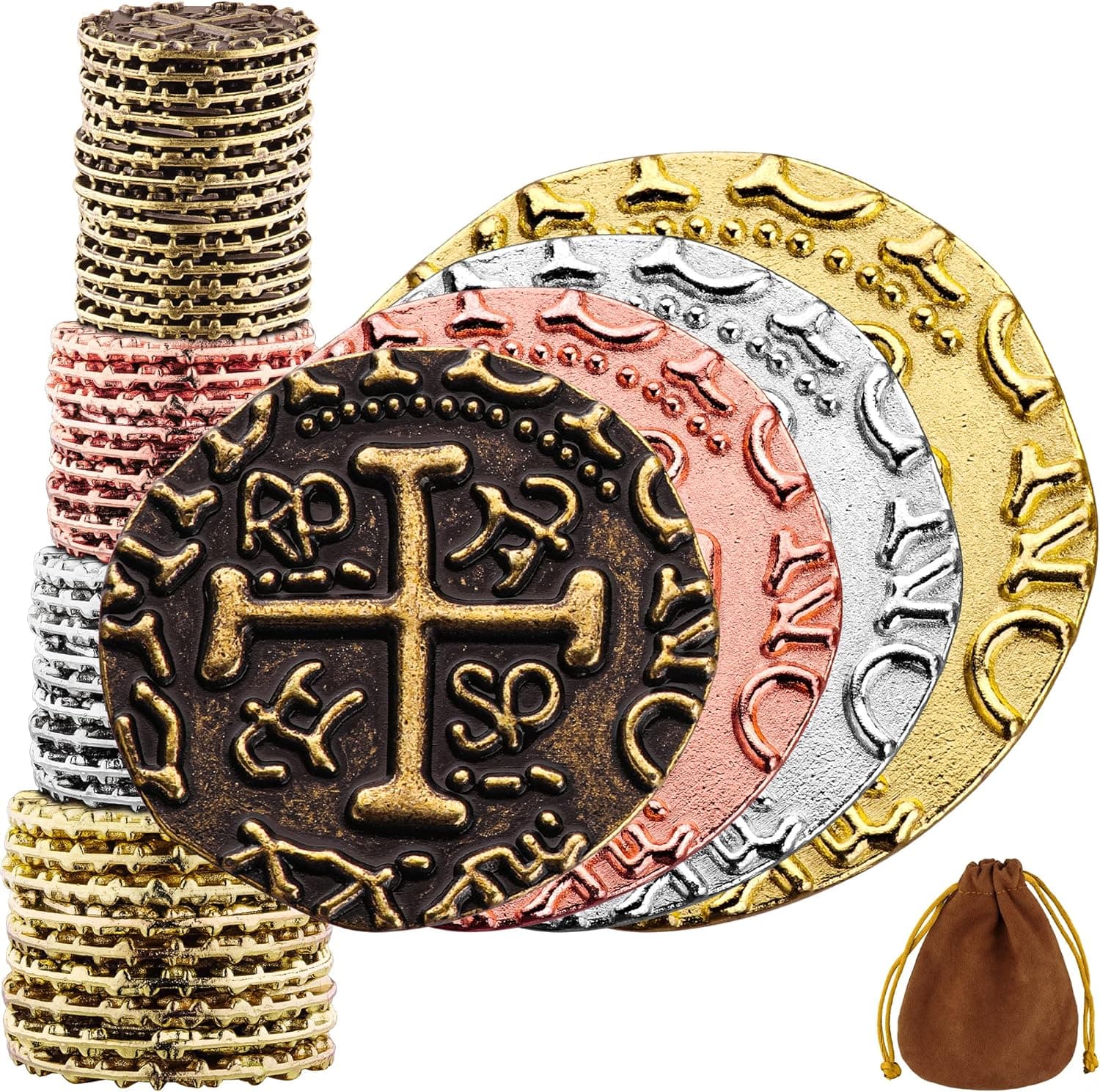 Pirate Coins - 36 Bronze, Silver, Gold & Rose Gold Treasure Coin Set, Metal Replica Spanish Doubloons for Board Games, Tokens, Cosplay - Treasure Chest - M, L, XL, XXL Sizes Mix