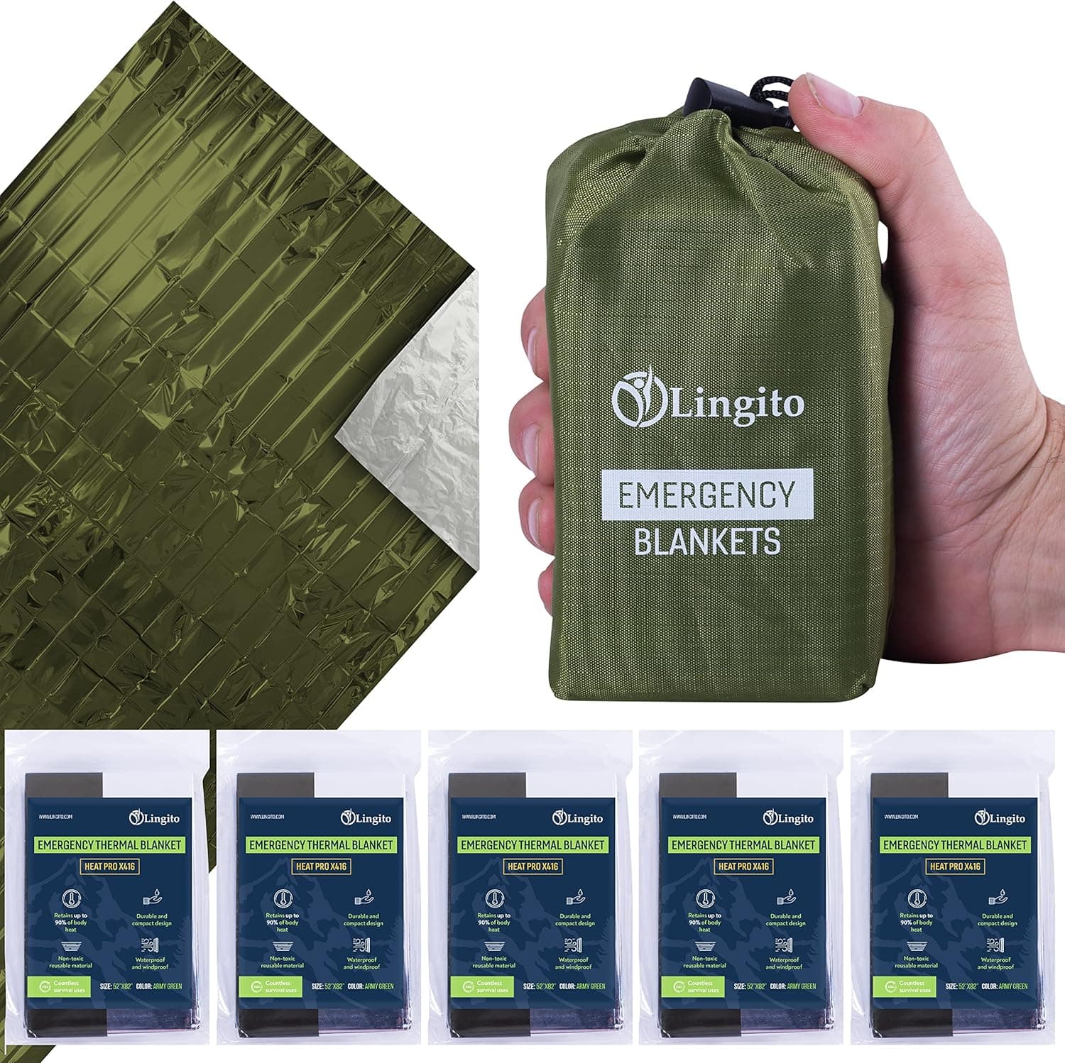 Lingito Survival Blanket, Emergency Blankets Camping, Hiking, Traveling, Heavy Duty Thermal Blanket, Waterproof Insulated Space Blankets Individually Packed, Emergency Outdoor Kit (5 Pack - Green)