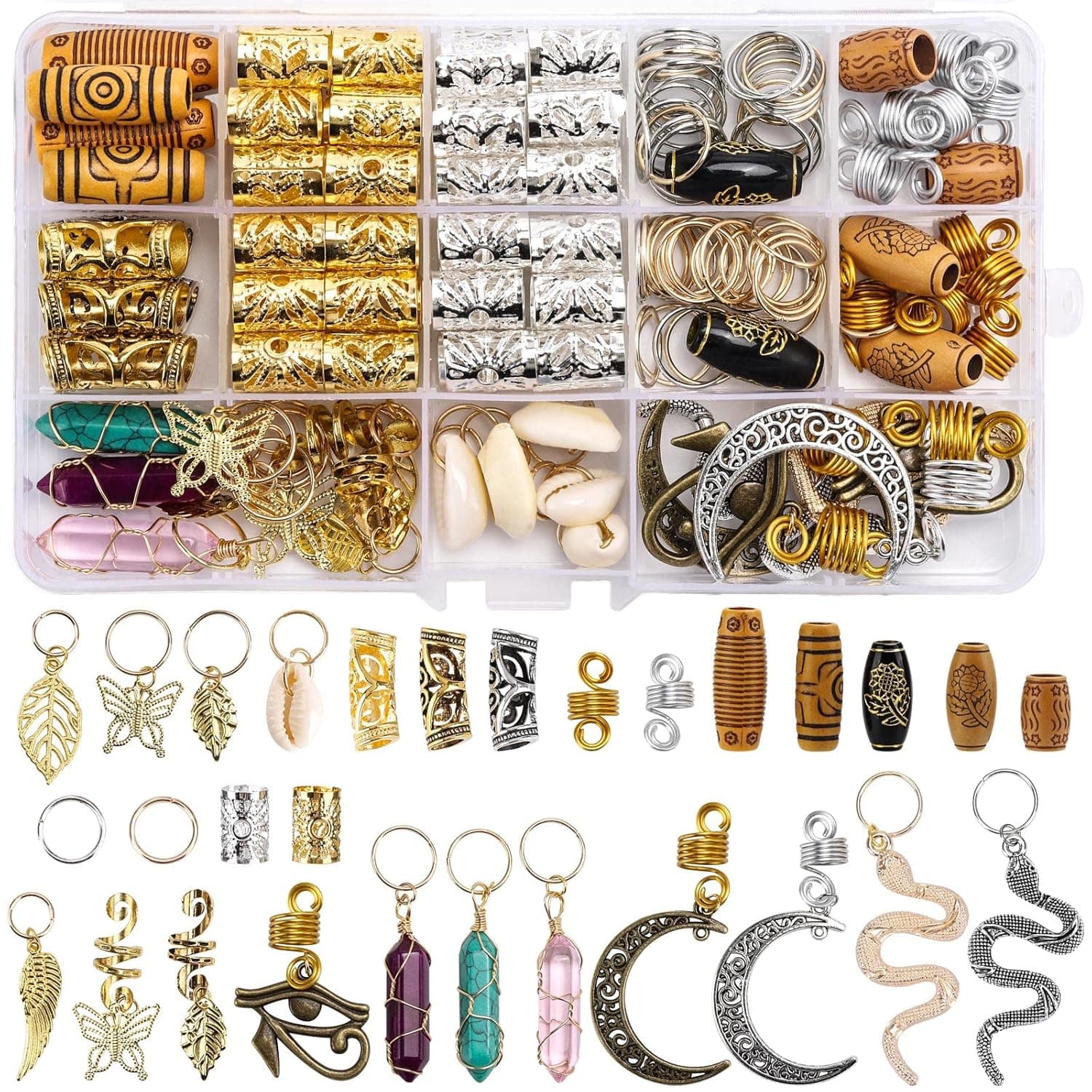 160 Pcs Loc Hair Jewelry Hair Charms for Women, Gold Dreadlock Accessories - Adornment Imitation Wood Beads Hair Cuffs Hair Rings Butterfly Pendants for Braids Hair Decoration