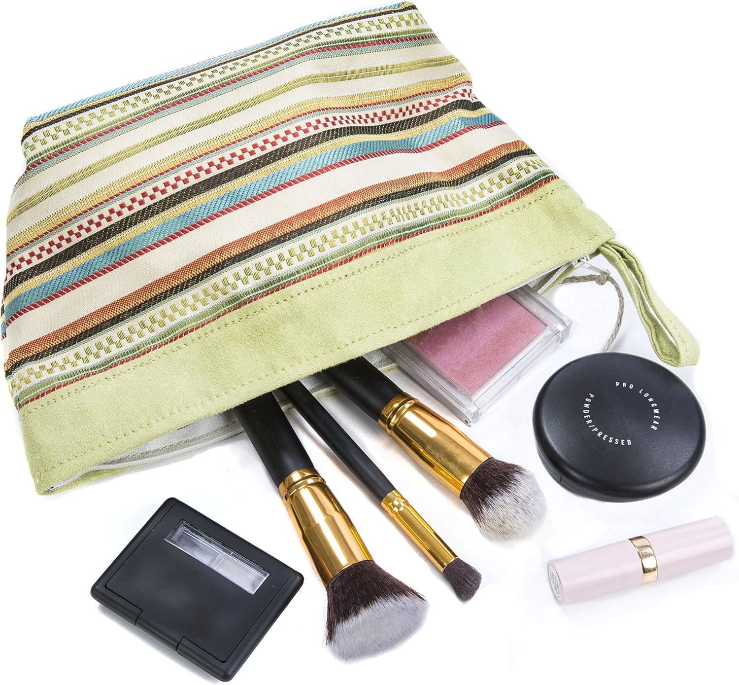 The Seine" Portable Cosmetic Toiletries Bag - Multicolor Stripe Pattern with Lime Green Faux Suede