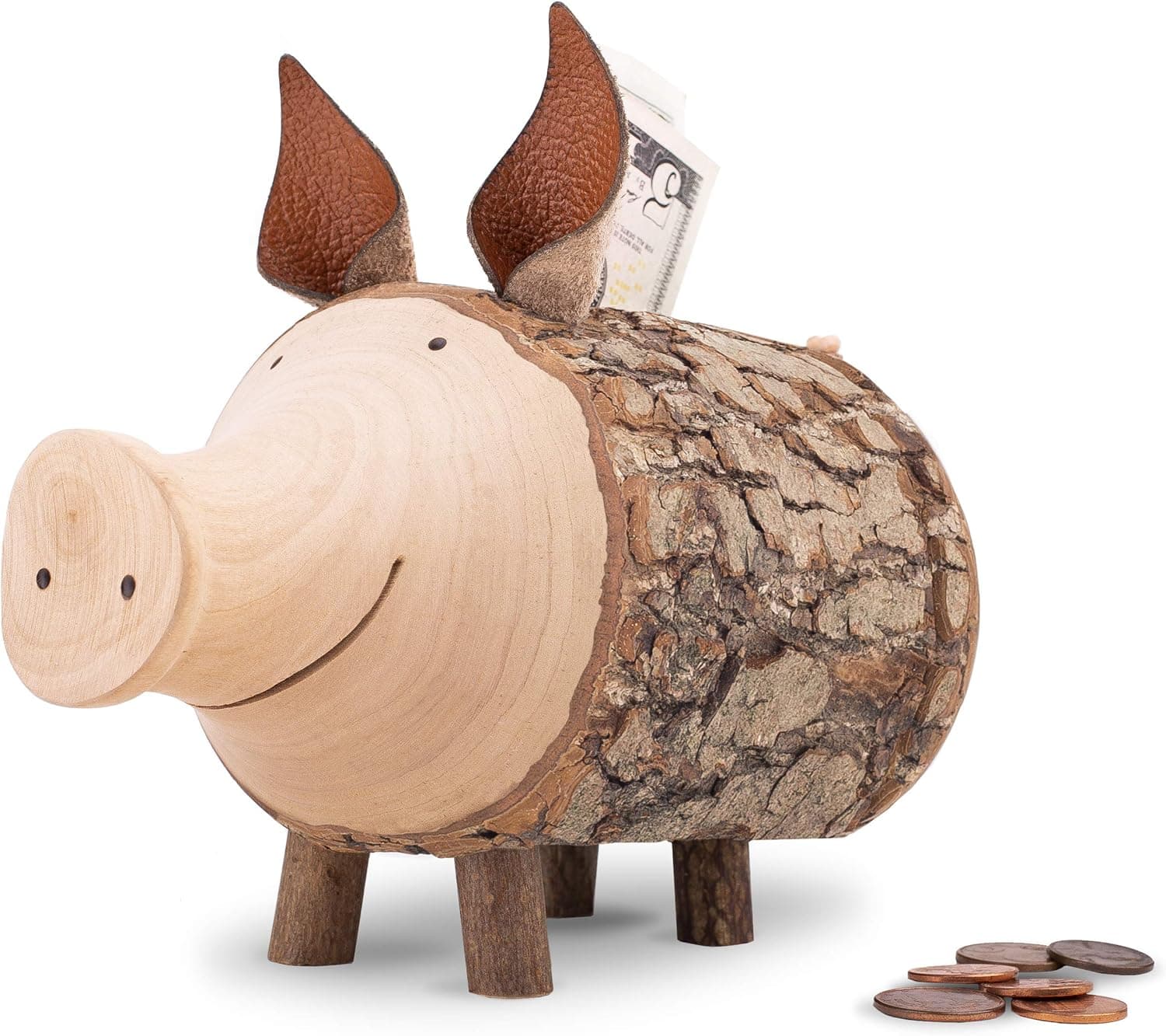 Forest Decor Wood Piggy Banks - Adorable Pig Figurine Coin Holder for Girls & Boys - Wooden Saving Money Box for Adults - Cute Woodland Nursery Decor - Housewarming Savings Jar for Gift - Large
