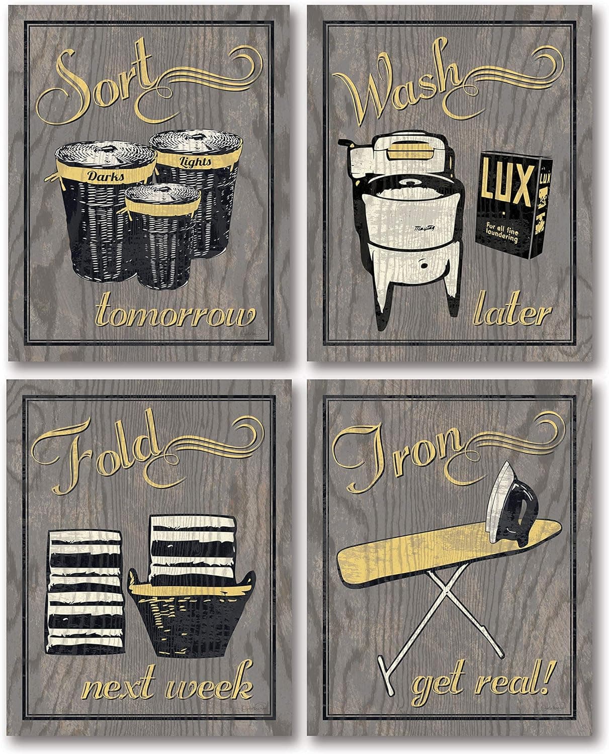 Gango Home Décor Trendy & Extremely Popular Humorous Laundry Room Wash Sort Fold Iron Set; Four 8x10in Poster Prints. Grey/Yellow (Printed on Paper, not Wood)
