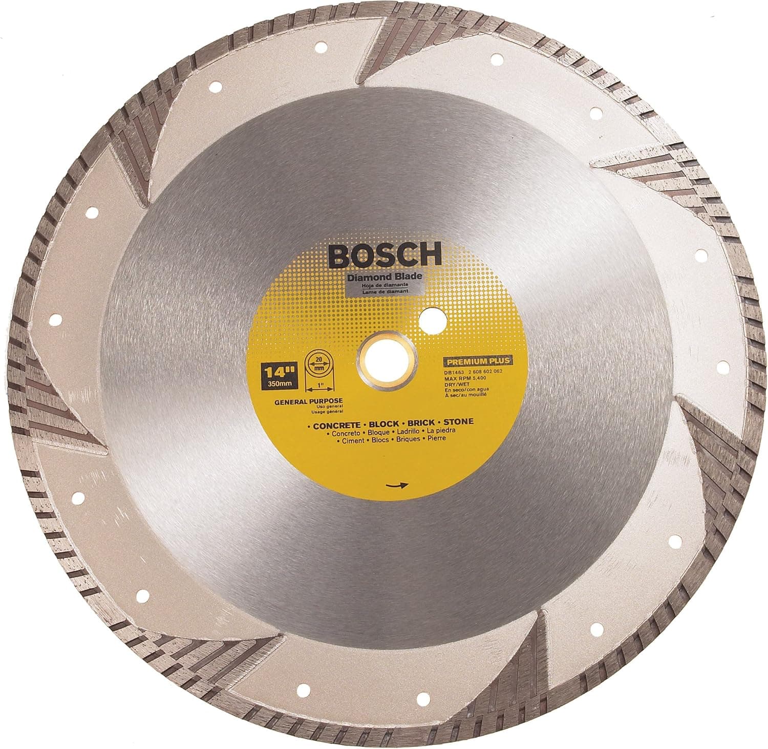 BOSCH DB1463 Premium Plus 14-Inch Dry or Wet Cutting Turbo Continuous Rim Diamond Saw Blade with 1-Inch Arbor for Masonry