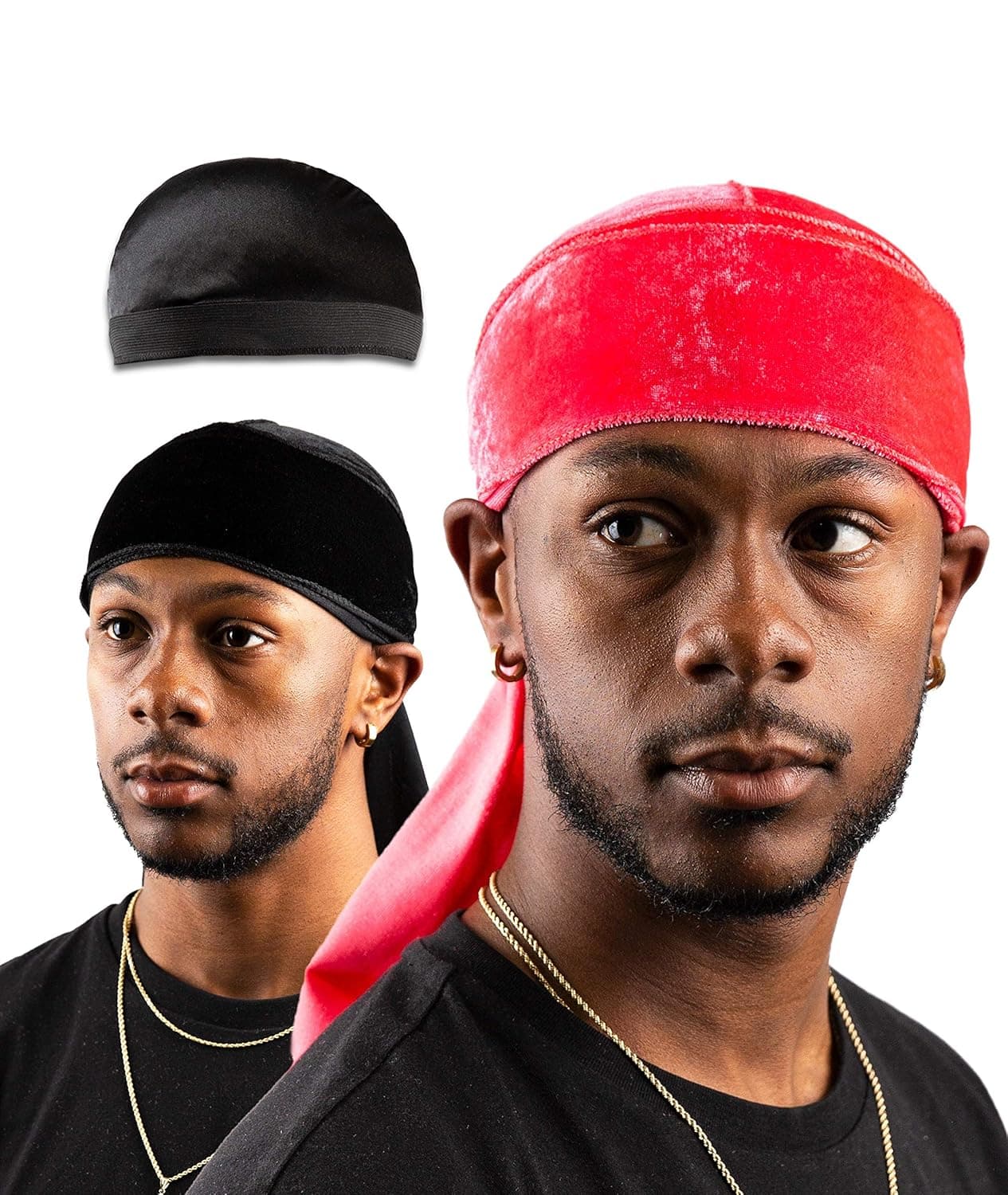 Premium Velvet Durag For Men by Royal Waves | Pack Of 3 | Pink & Black Wave Caps + Bonus Dome Cap | Extra Long & Wide Straps, One Size Fits All | Deluxe Supreme Rags For 360 Waves & Wavebuilder