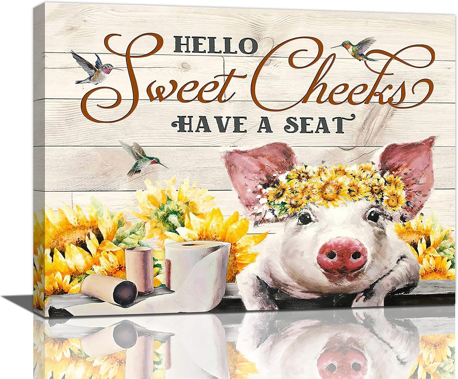 Farm Pig Wall Art For Bathroom Cute Pig Pictures Wall Decor Have a Seat Sunflower Bird Pig Canvas Print Painting Rustic Funny Pig Decor Artwork For Bedroom Living Room Framed Ready to Hang 12"x16"