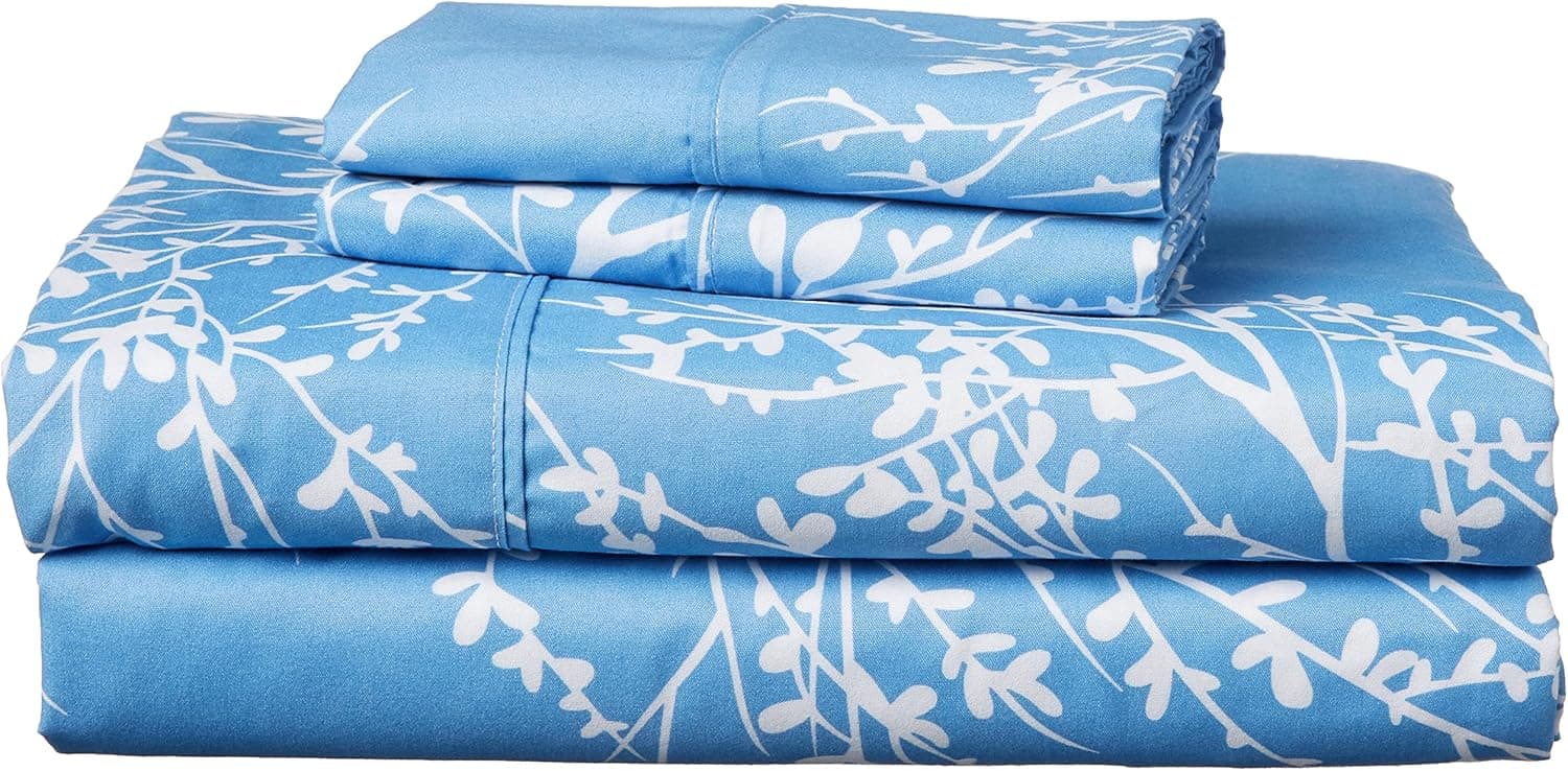 SL SPIRIT LINEN HOME EST. 1988 - Queen Sheet Set, Super Soft Microfiber Bedding, Elegant Foliage Design & Ideal for All Seasons (Queen, Light Blue/White)