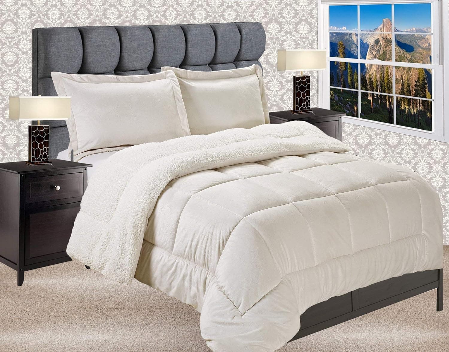 Elegant Comfort Premium Quality Heavy Weight Micromink Sherpa-Backing Reversible Down Alternative Micro-Suede 3-Piece Comforter Set, King, Ivory