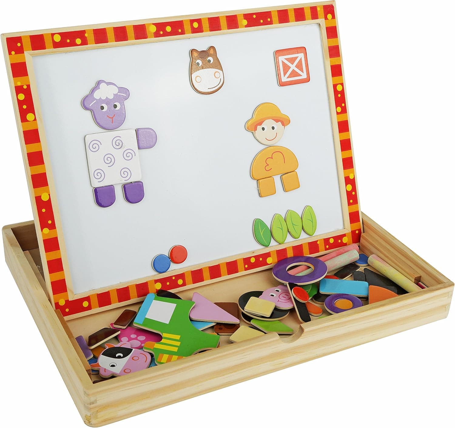 A day on The Farm Magnetic Easel, Chalkboard and Dry-Erase Board - Solid Wood Educational Toy for Boys and Girls Age 3 Years and Up - Includes Chalk, Eraser and Cute Character Magnets