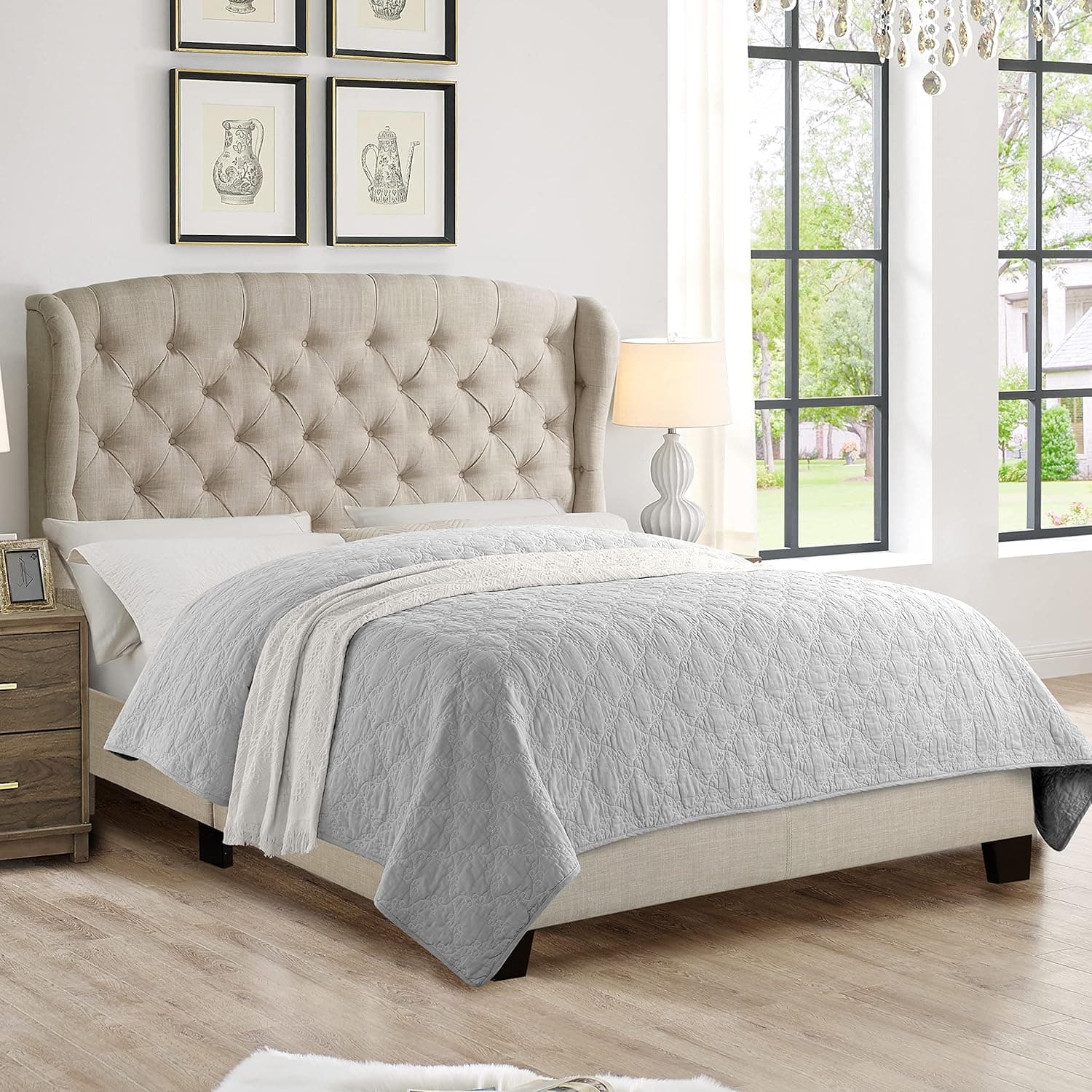 Rosevera Ralls Bed with Signature Design Adjustable Headboard and Button Tufting for Bedroom, Queen, Natural Beige