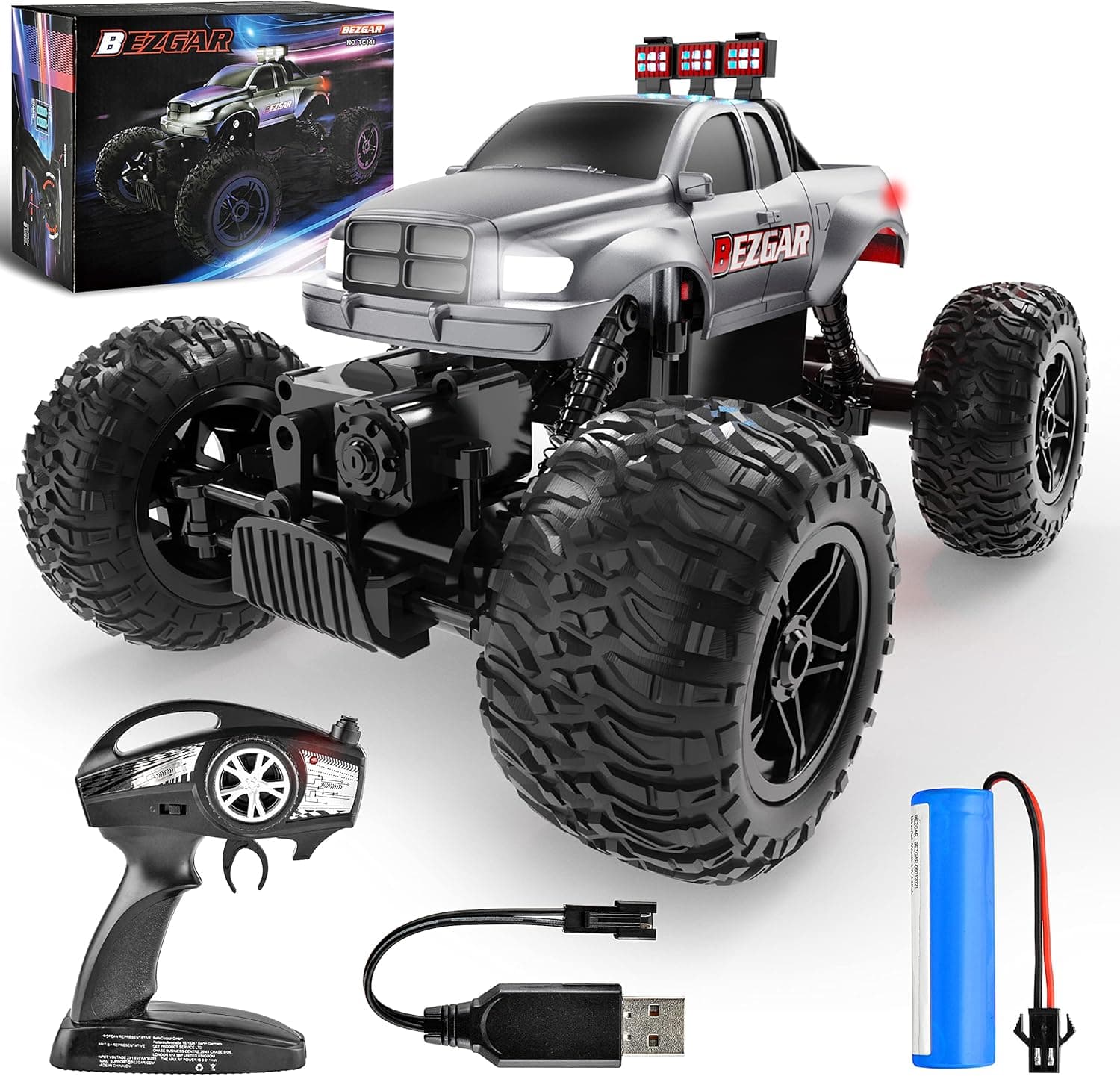BEZGAR TC141 1:14 Scale Remote Control Car, All Terrains Electric Toy Off Road Waterproof RC Truck, Remote Control Monster Truck for Kids Boys with 2.4 GHz Remote Control and Rechargeable Battery