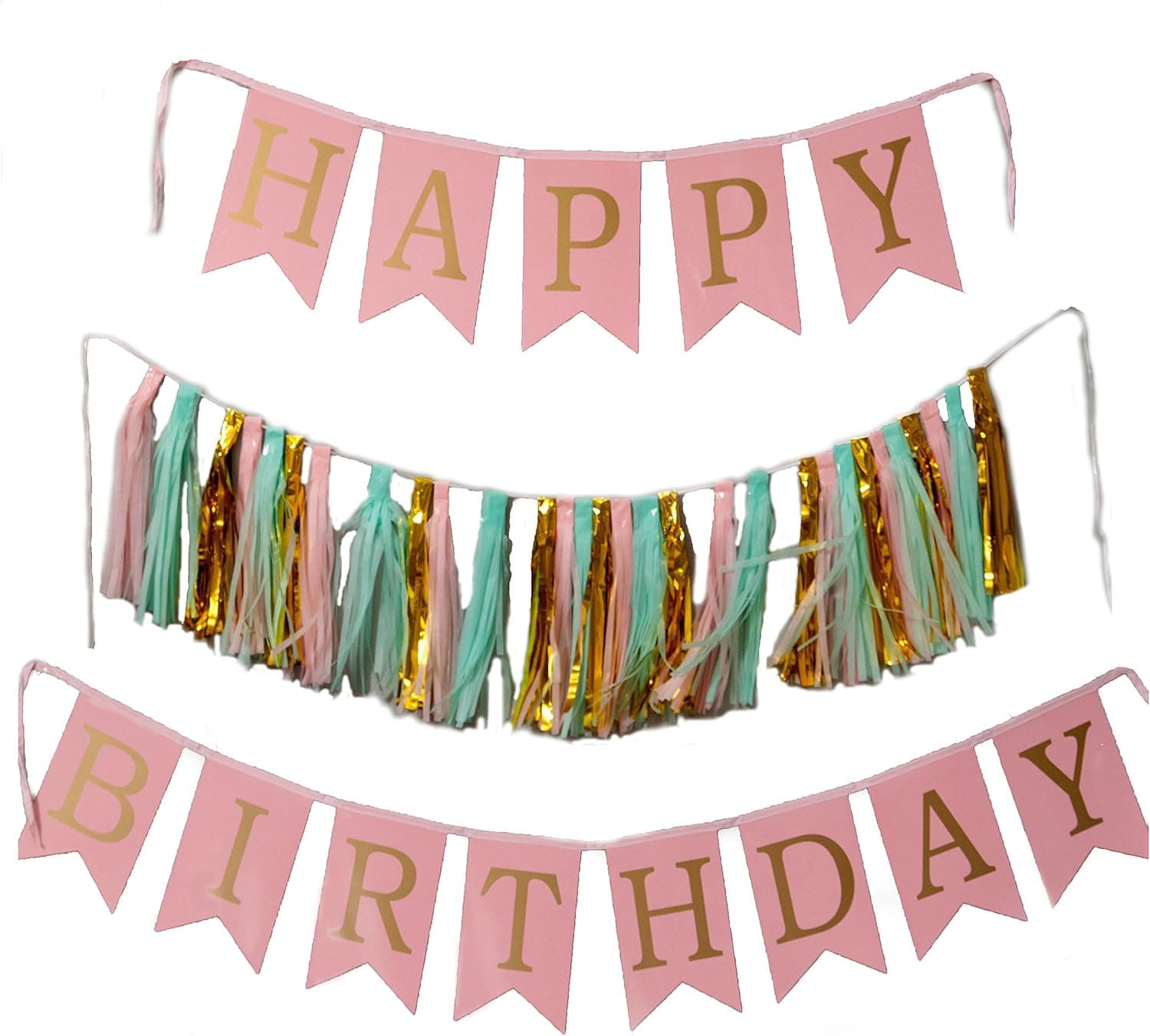 Pretty Party Pack Pink and Gold Happy Birthday and Pom Pom Tassel Banner