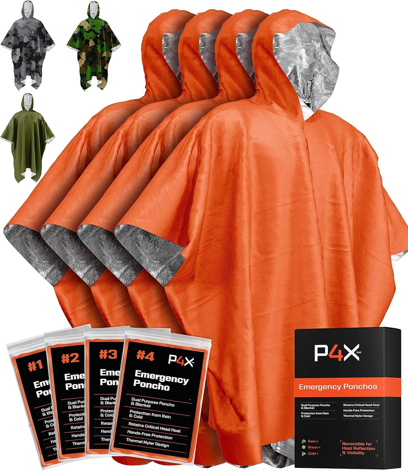 PREPARED4X Emergency Rain Poncho with Mylar Blanket Liner - Survival Blankets for Car - Heavy Duty, Waterproof Camping Gear, Tactical Prepper Supplies
