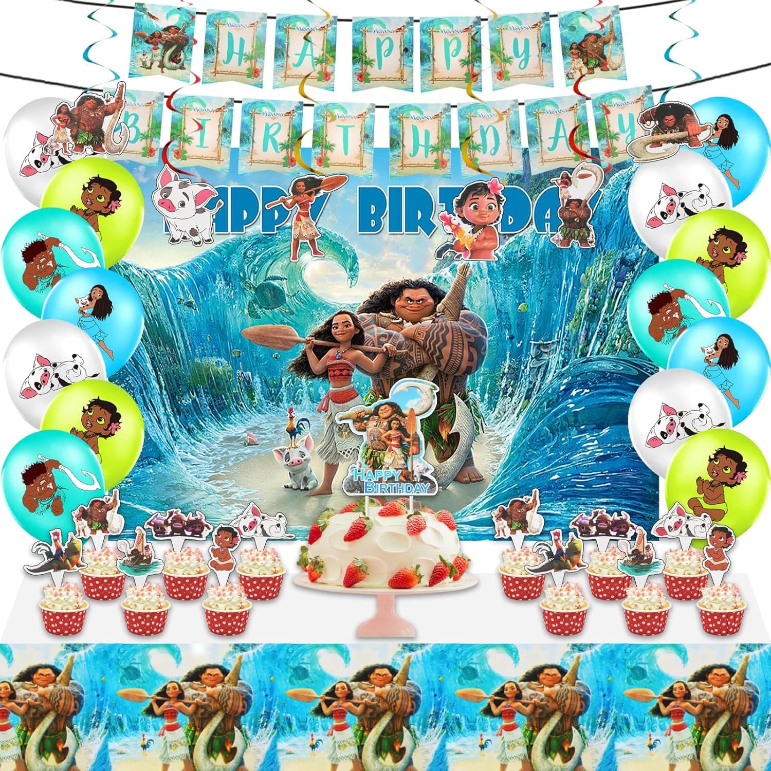 JIUKUAI 54Pcs Moana Birthday Party Supplies Set, 5*3ft Backdrop, 12 inch Latex Balloons, Cake Topper, Tablecloth, Hanging Swirls, Happy Birthday Banner Moana Themed Birthday Party Supplies s, Green