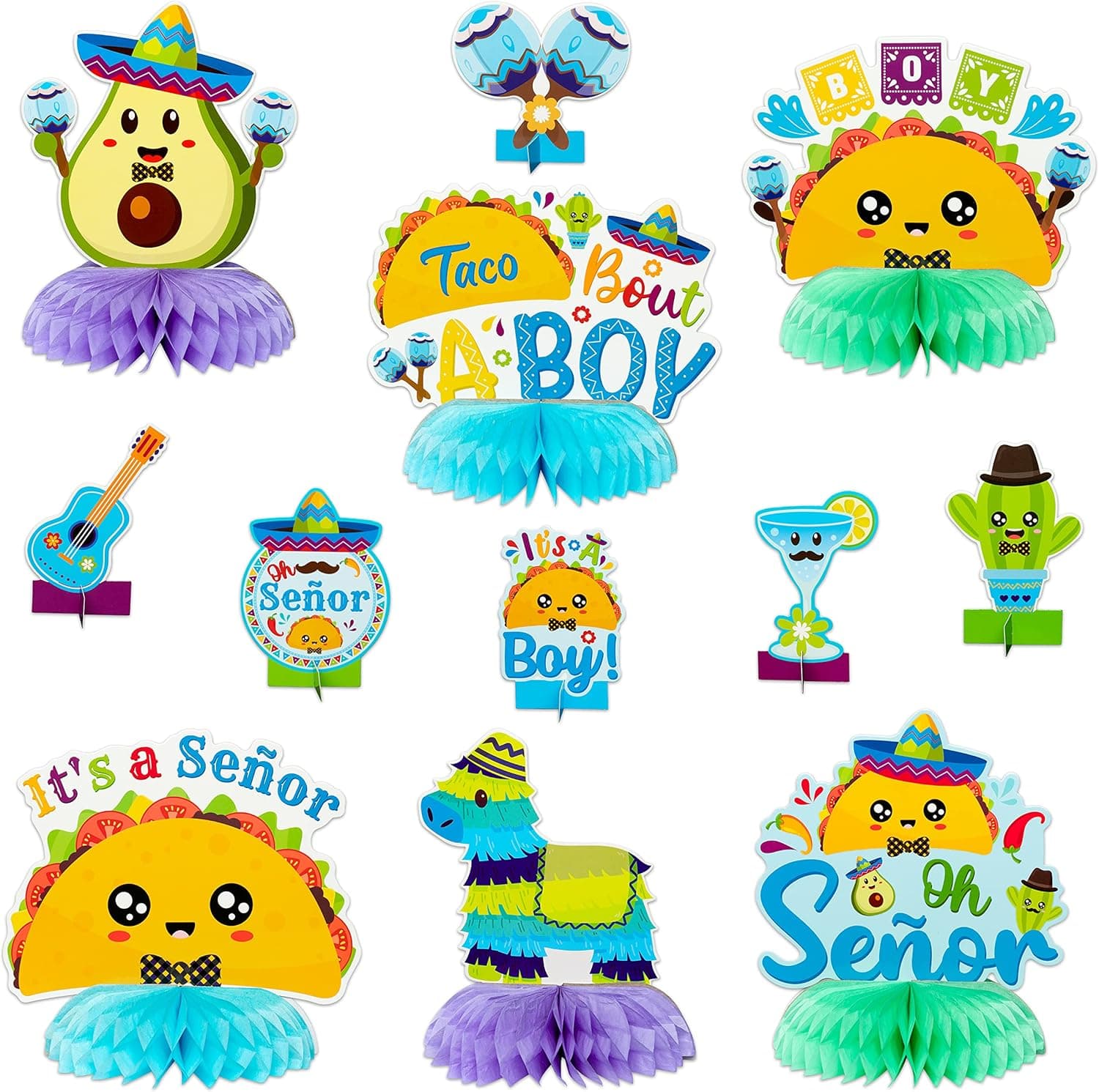 Haooryx 12Pcs Taco Bout A Boy Gender Reveal Honeycomb Centerpiece, It's a Boy Baby Shower Decorations Mexican Cinco De Mayo Table Topper Decor Señor Fiesta Newborn Baby Boys Party Decor Supplies