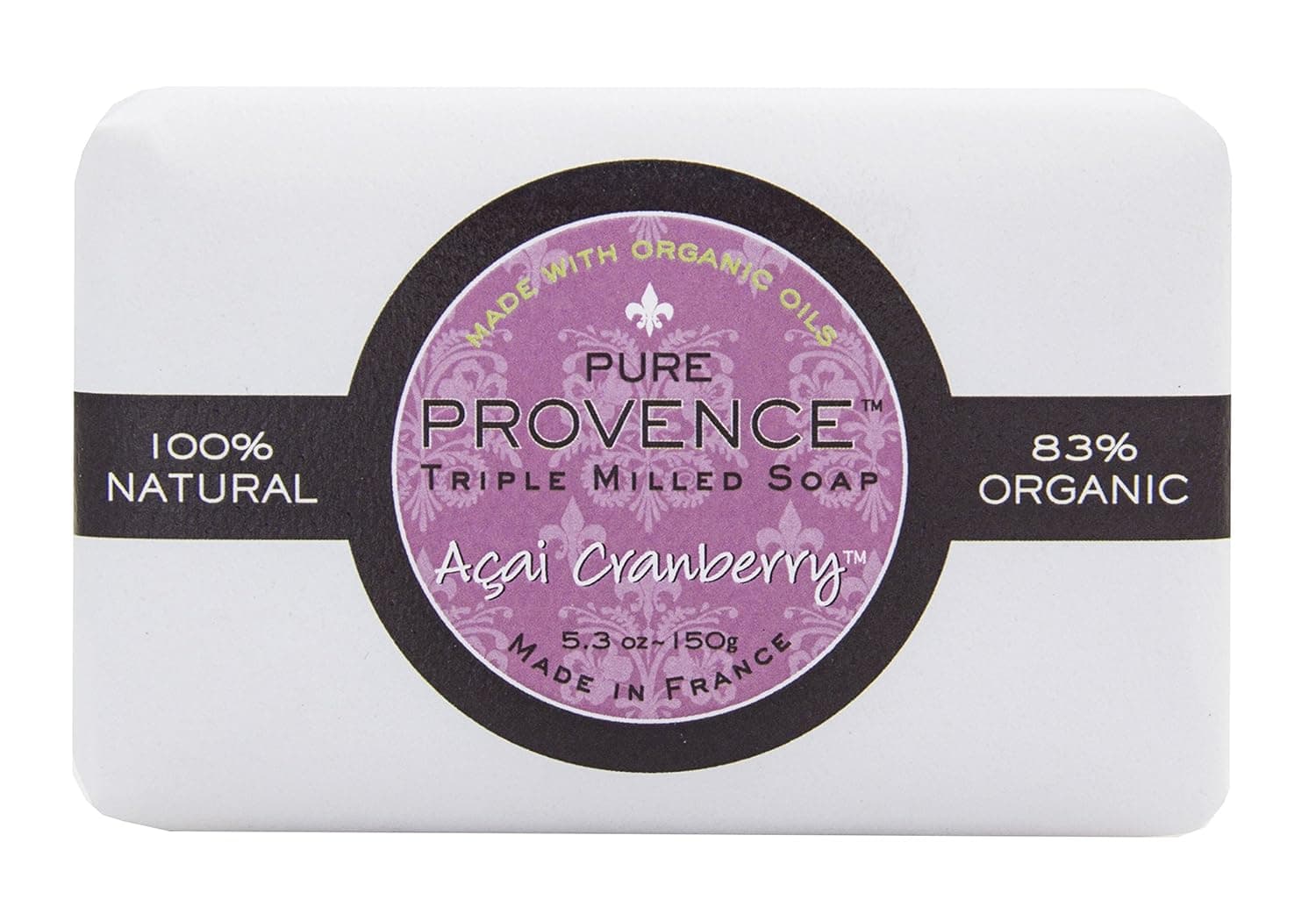 Pure Provence Natural Triple Milled French Soap with Organic Shea Butter, 100% Vegetable Based, Moisturizing, Nourishing, Soothing, Paraben Free - Açai Cranberry, 5.3 oz bar (150gr)