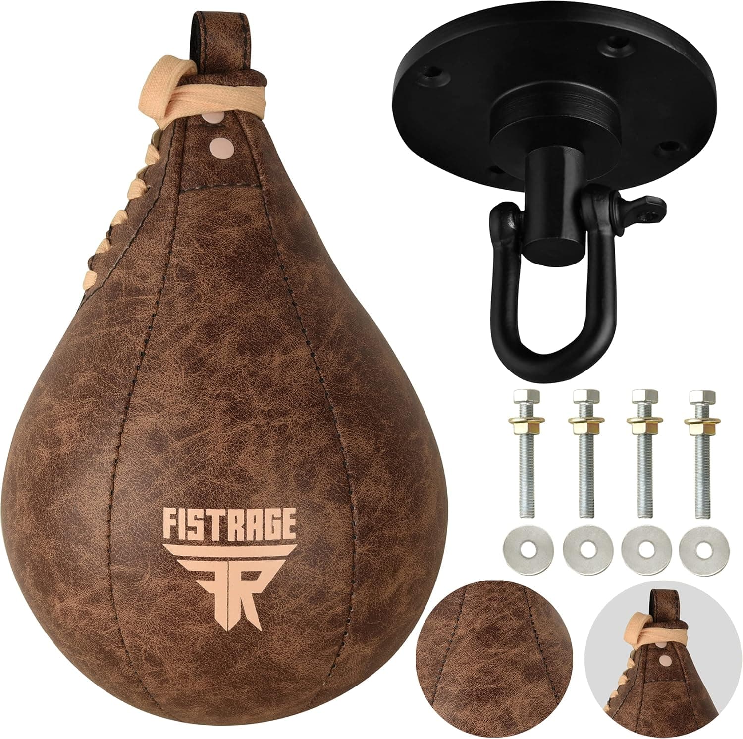 FISTRAGE Speed Ball Boxing Bag Leather MMA Muay Thai Training Punching Dodge Striking Kit with Free Hanging Swivel Workout Speedball Kicking Platform Equipment (Beige)