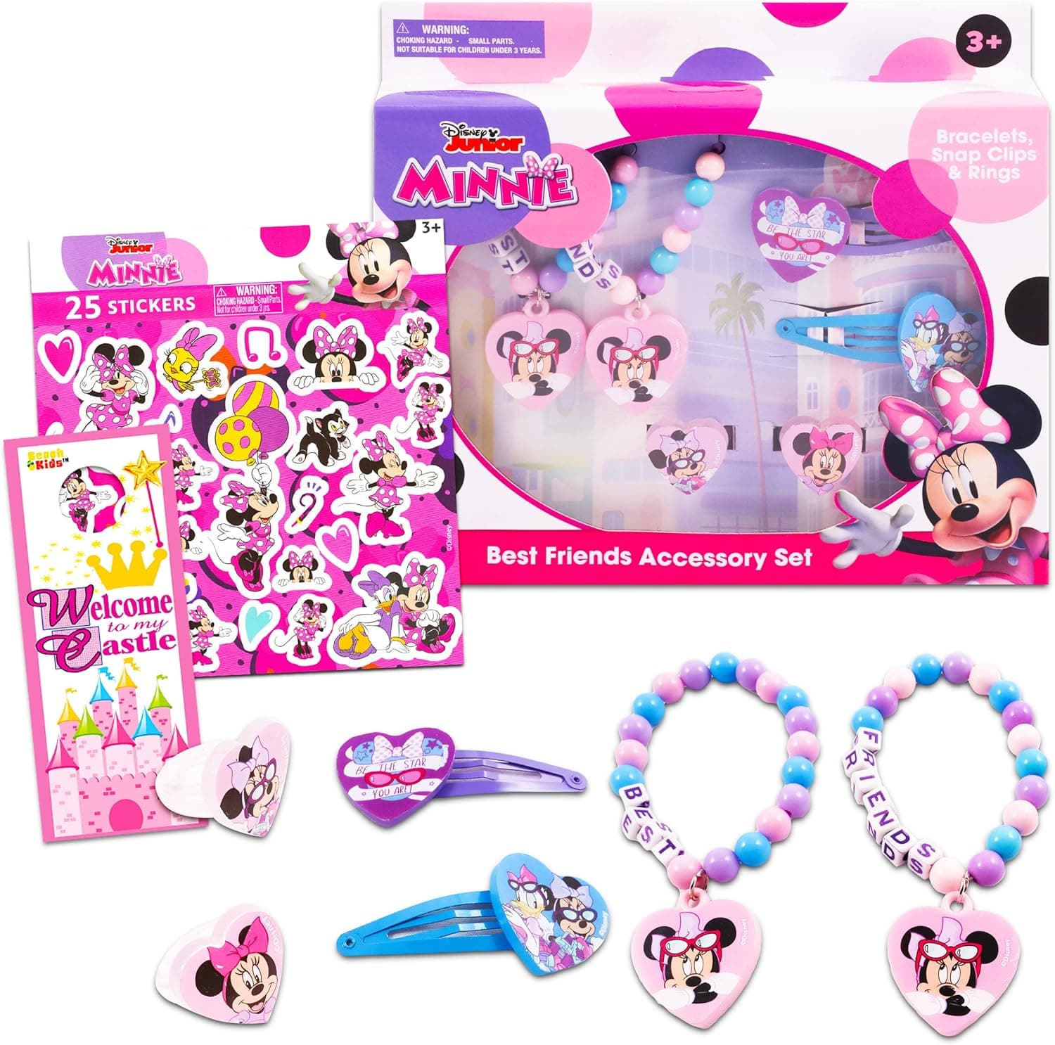 Minnie Mouse Hair Accessories - 6 Pc Minnie Mouse Best Friends Accessory Set, with Hair Clips, Bracelets, Minnie Mouse Stickers (Minnie Mouse Jewelry)
