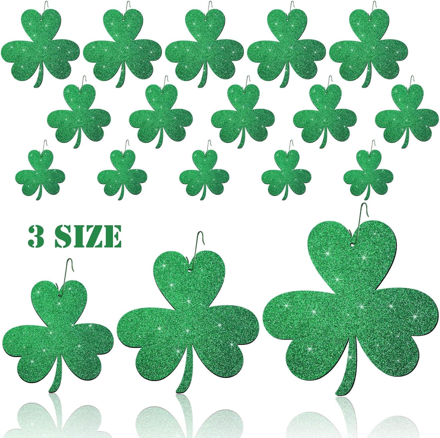 18 Pieces St. Patrick's Day Shamrocks Ornament Glitter Shamrock Hanging Decorations 2, 4, 6 Inch Clover Hanging Baubles Felt Glitter Shamrock Ornaments with Hooks for St Patrick's Day Party Decoration