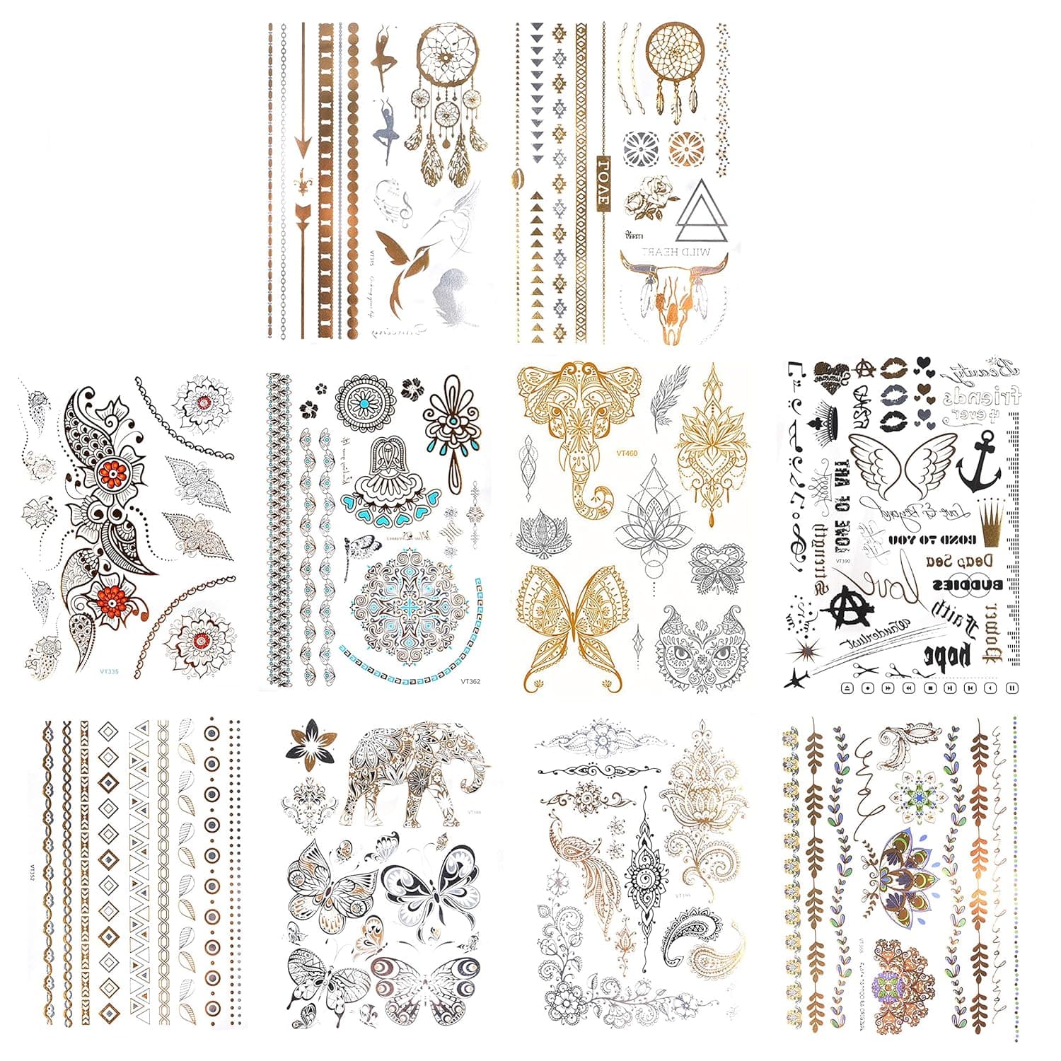 Kare & Kind Temporary Metallic Henna Tattoos for Women Teens Girls - 10 Sheets - Glitter Shimmer Designs Jewelry Fake Tattoo Stickers - 150+ pcs Waterproof Color Flash - Bracelets, Necklace, Anklets