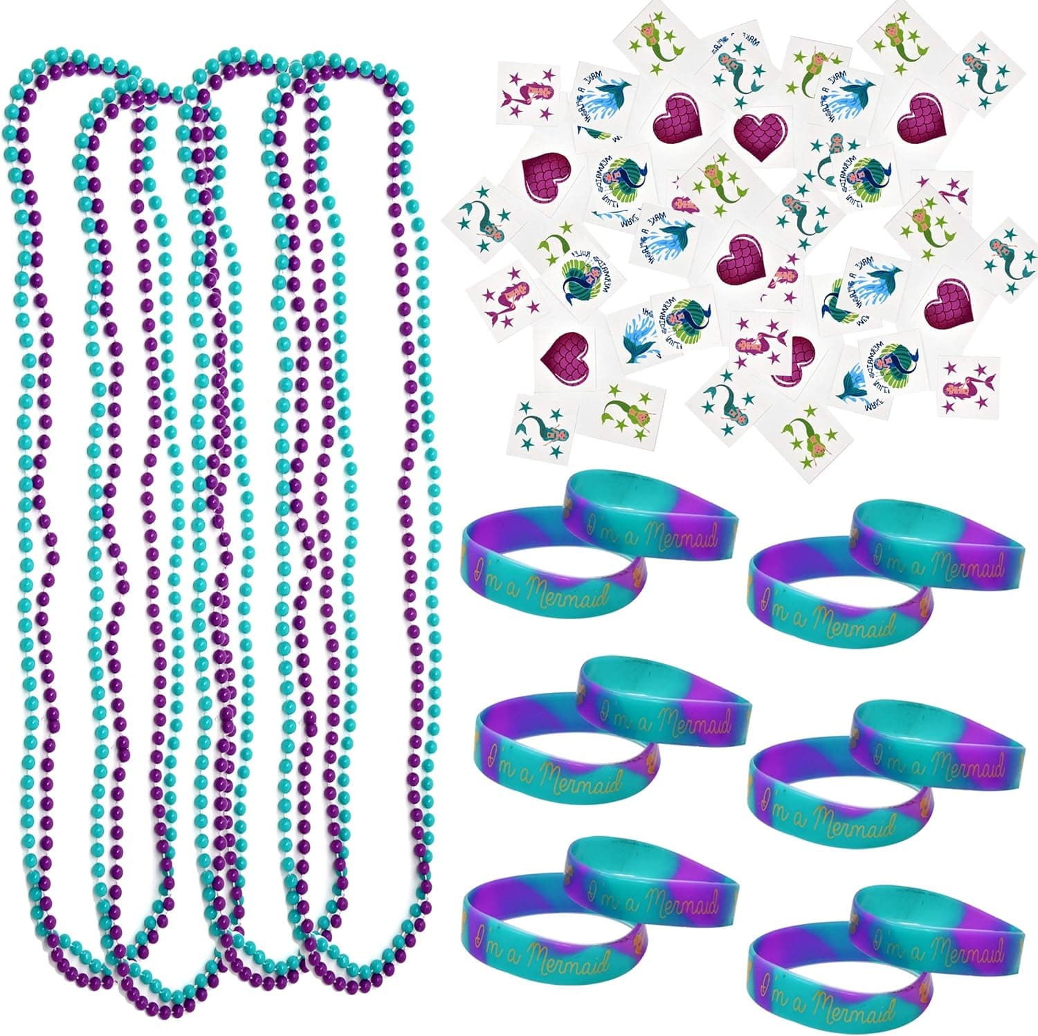 Mermaid Party Favors for Girls Birthday Supplies 72 Mermaid Temporary Tattoos 12 Mermaid Rubber Bracelets 12 Purple & Aqua Mermaid Bead Necklaces for Kids Under The Sea School Classroom Supplies Set