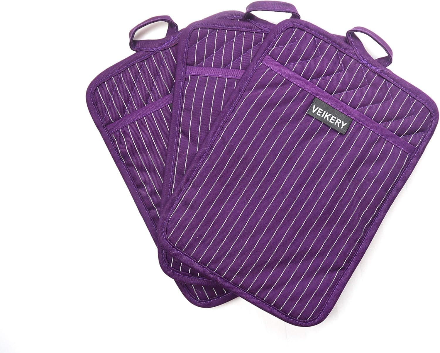 VEIKERY Cotton Pocket Pot Holders Machine Washable Heat Resistant Hot Pads for Kitchen and Baking Square Oven Mitts 7"x9" Set of 3 (3, Purple)