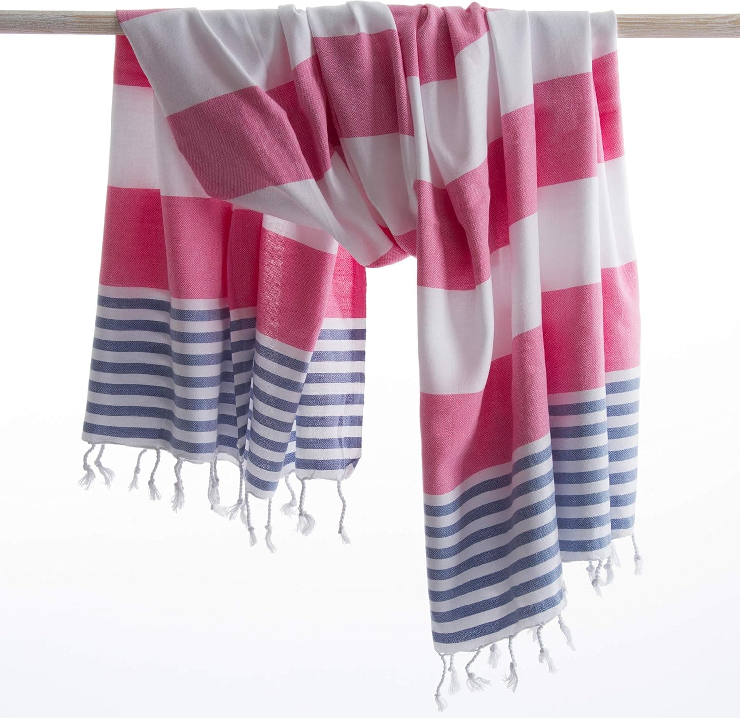 ANATURES Marina Pink/Denim - Prewashed and Soft - Pestemal Turkish Beach Bath Towel - Hammam Turkish Towels - 100% Cotton - Peshtemal Beach Towels (Pink/Denim)