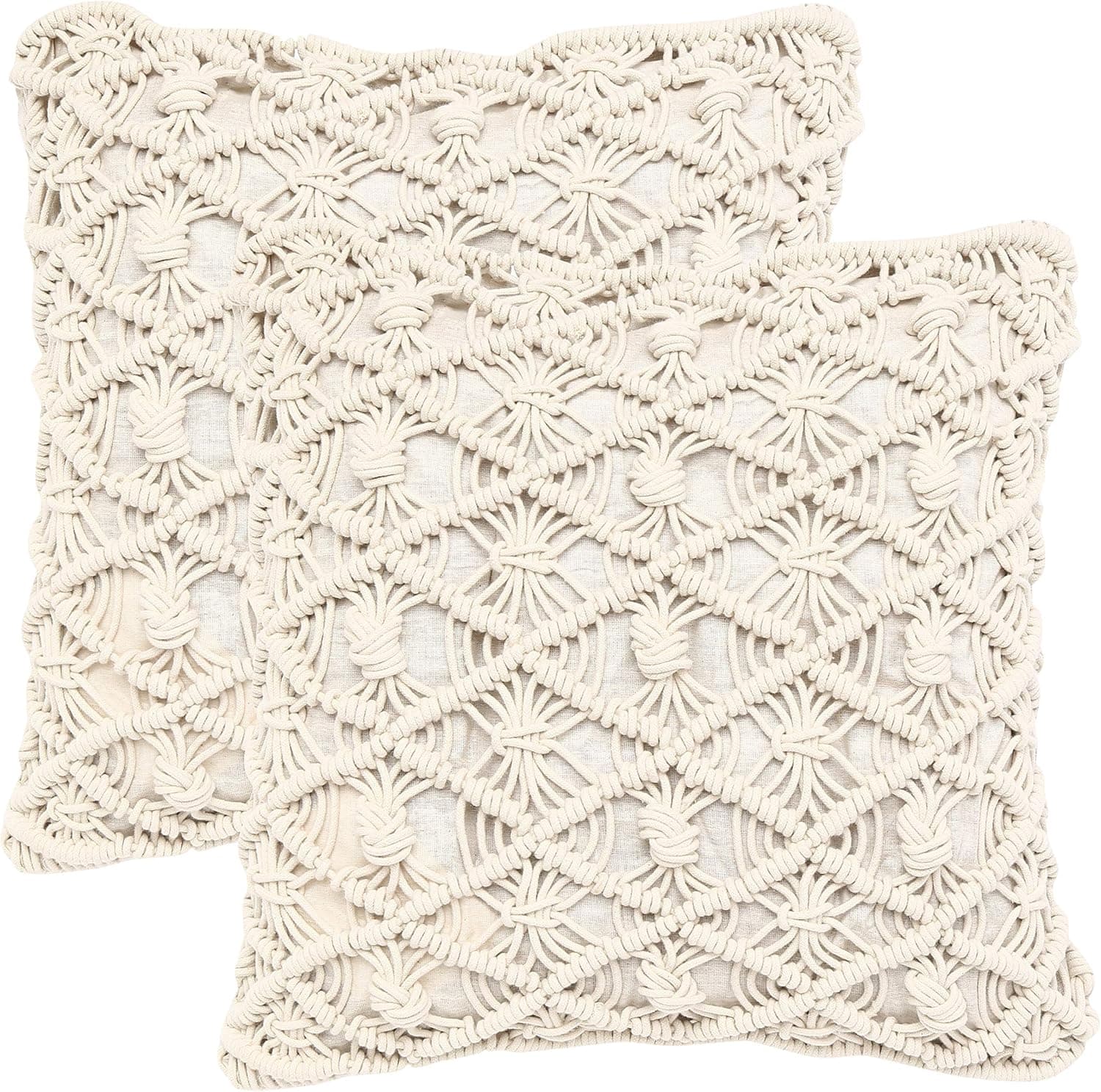 REDEARTH Macrame Throw Pillow Cushion Covers-Woven Decorative Farmhouse Square Cases Set for Couch, Sofa, Bed, Farmhouse, Chair, Dining, Patio, Outdoor, car; 100% Cotton (18x18; Natural) Pack of 2