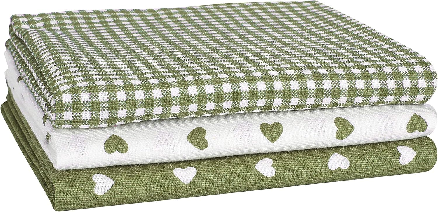 Cote De Amor 20x28 Oversized 100% Cotton Kitchen Dish Towels Set of 3 Absorbent Durable Washable, Bar Towels, Cleaning Towels, Tea Towels, Kitchen Towels with Hanging Loop, Green White
