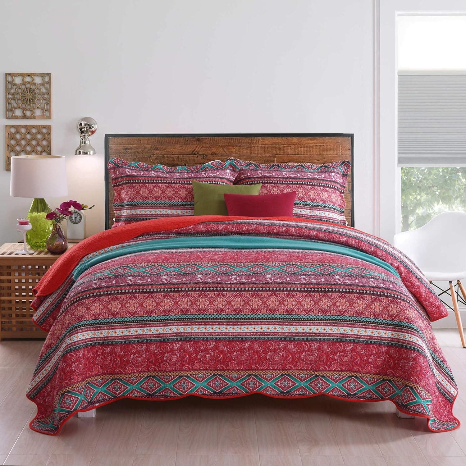 Qucover Red Striped Quilt Cover Sets Queen Size 3 Pieces, Cotton Quilted Bedspread Bedding Sets for Queen Bed