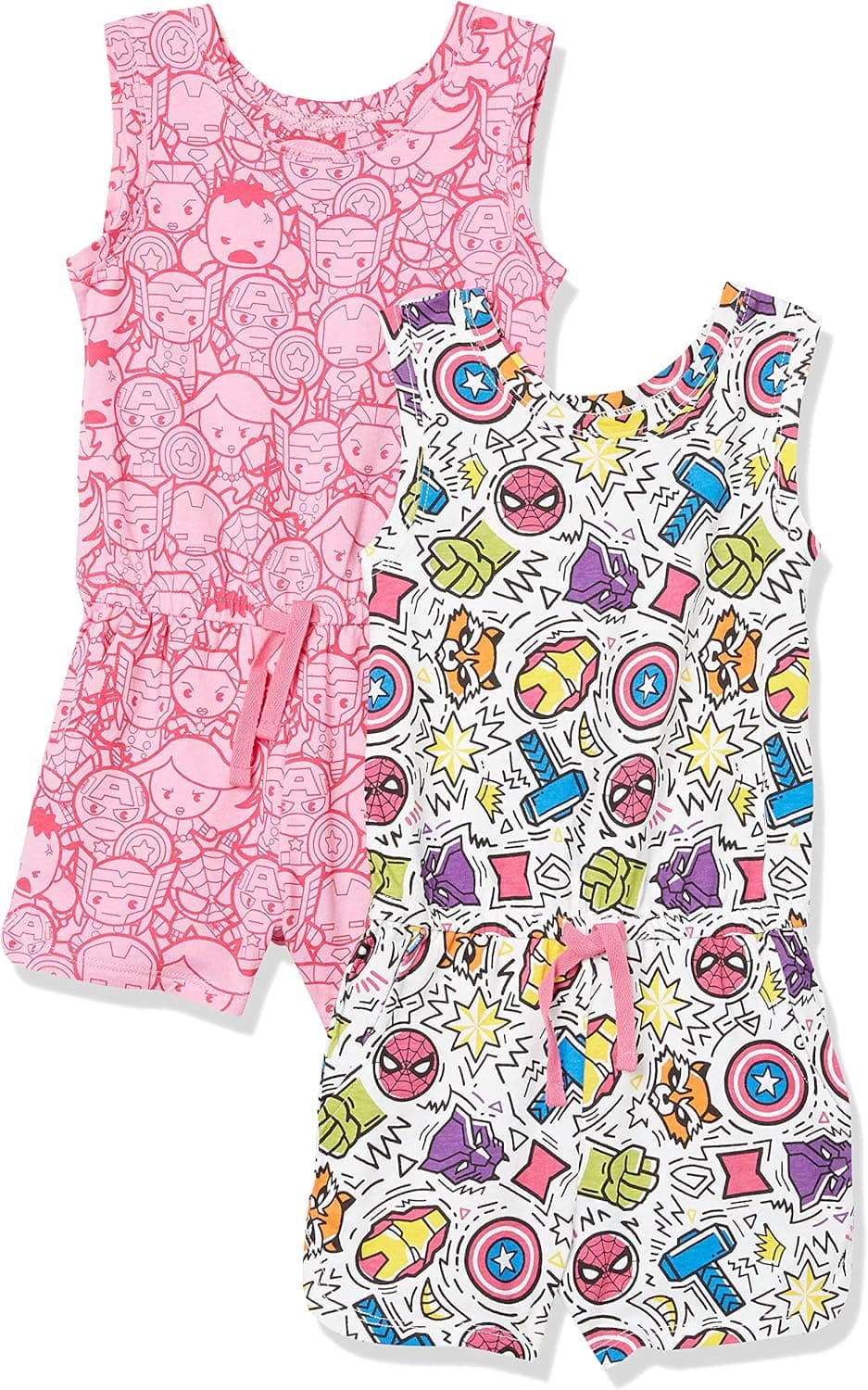 Amazon Essentials Disney | Marvel | Star Wars | Frozen | Princess Girls and Toddlers' Knit Sleeveless Rompers, Pack of 2