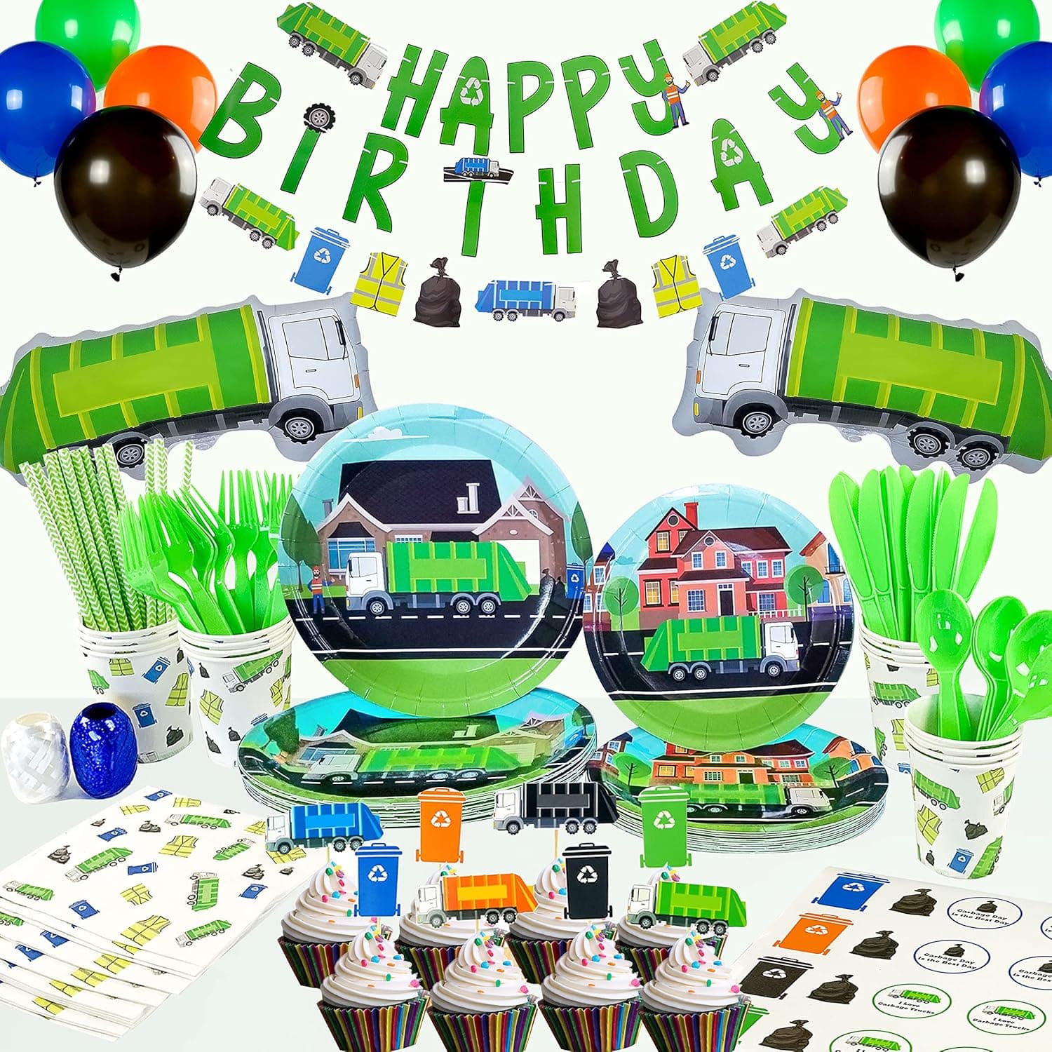 Garbage Truck Birthday Party Supplies for a Trash Truck Birthday Party with Plates, Utensils, Cups, Straws, Napkins, Stickers, Cupcake Toppers, Balloons, Banner and Ribbon