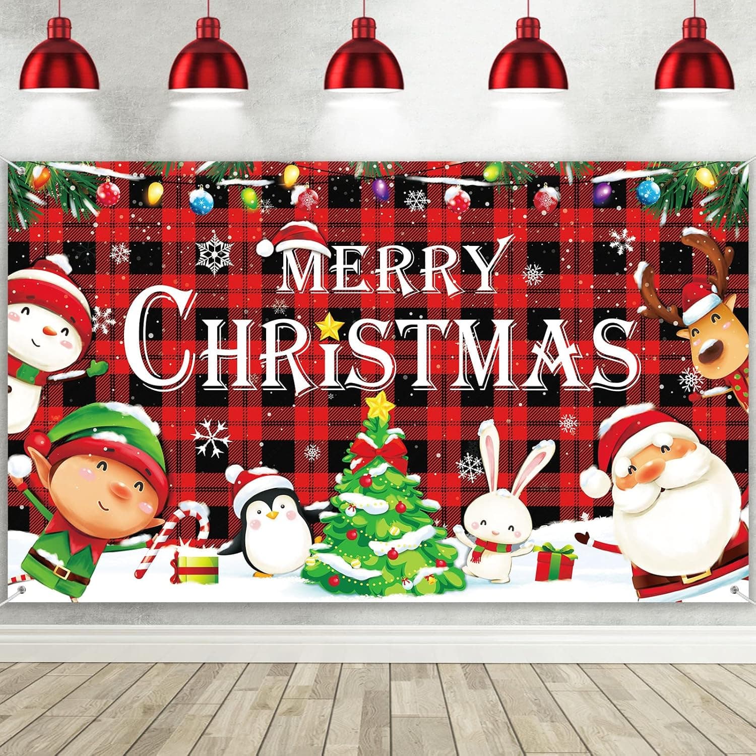 Christmas Holiday Decorations Extra Large Backdrop Red Plaid Banner Black Red Buffalo Plaid Christmas Santa Claus Reindeer Photo Booth Props Background Merry Christmas Xmas Red Plaid Party Supplies
